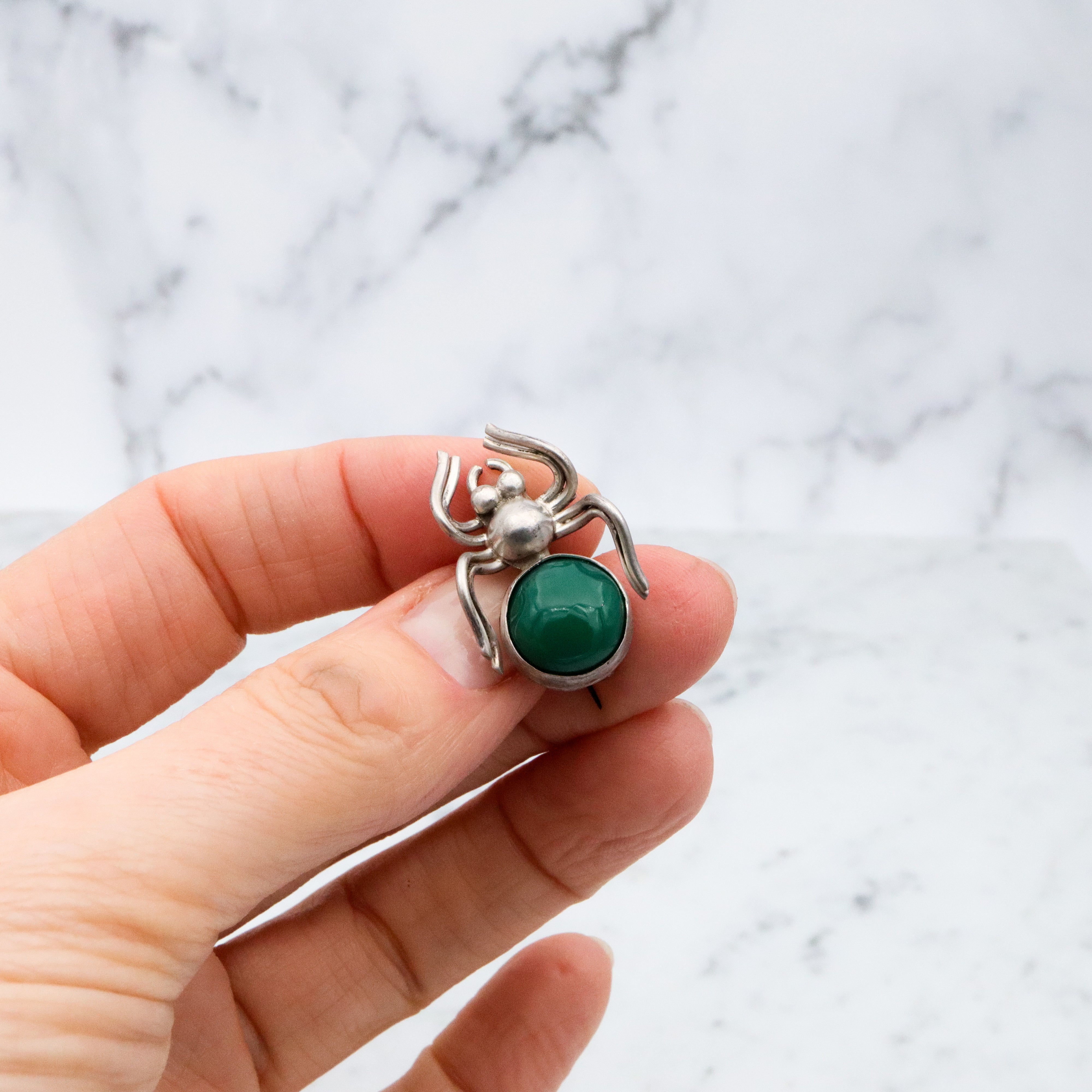 Mid Century Mexican sterling & green agate spider pin by Quinto