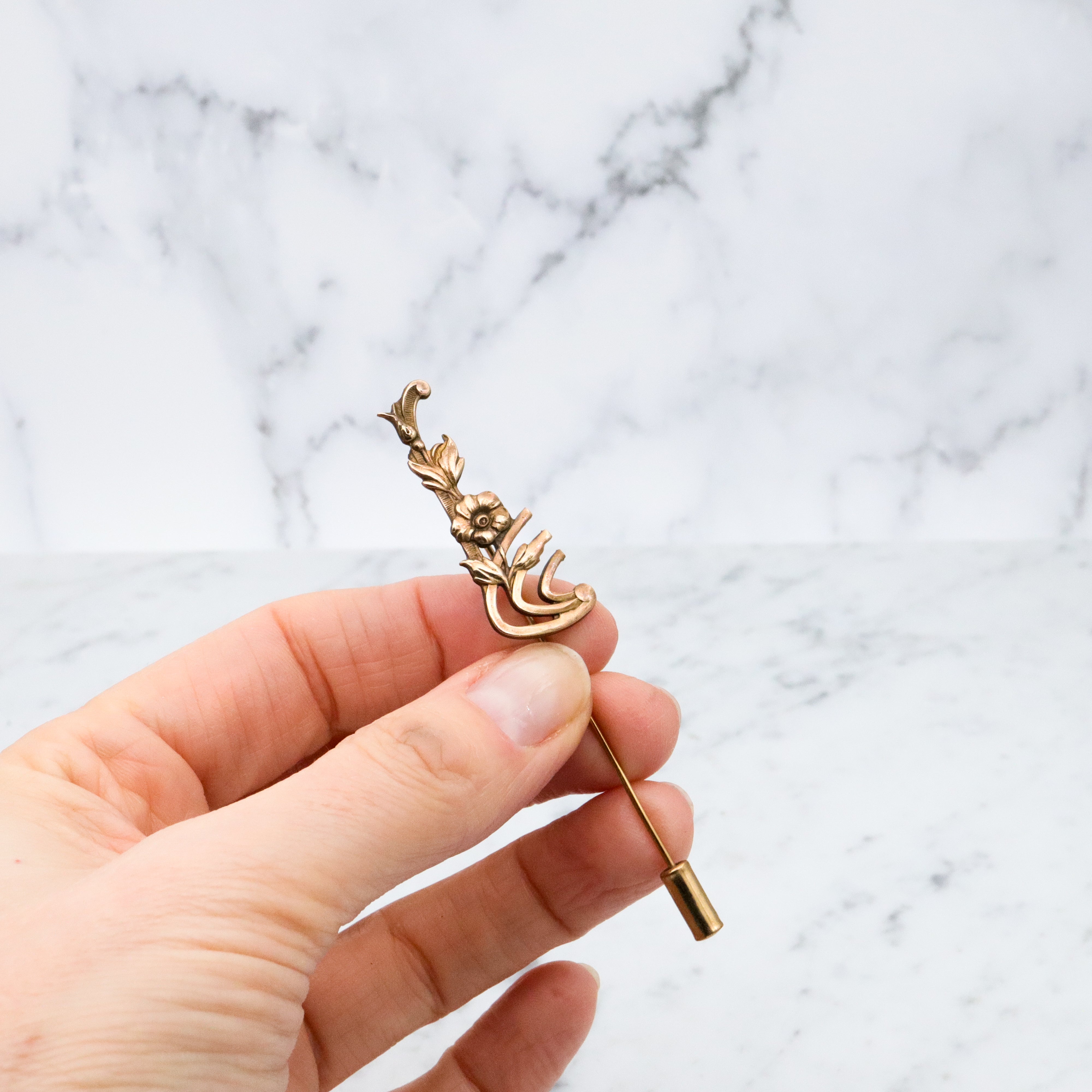 Antique brass geometric floral stick pin
