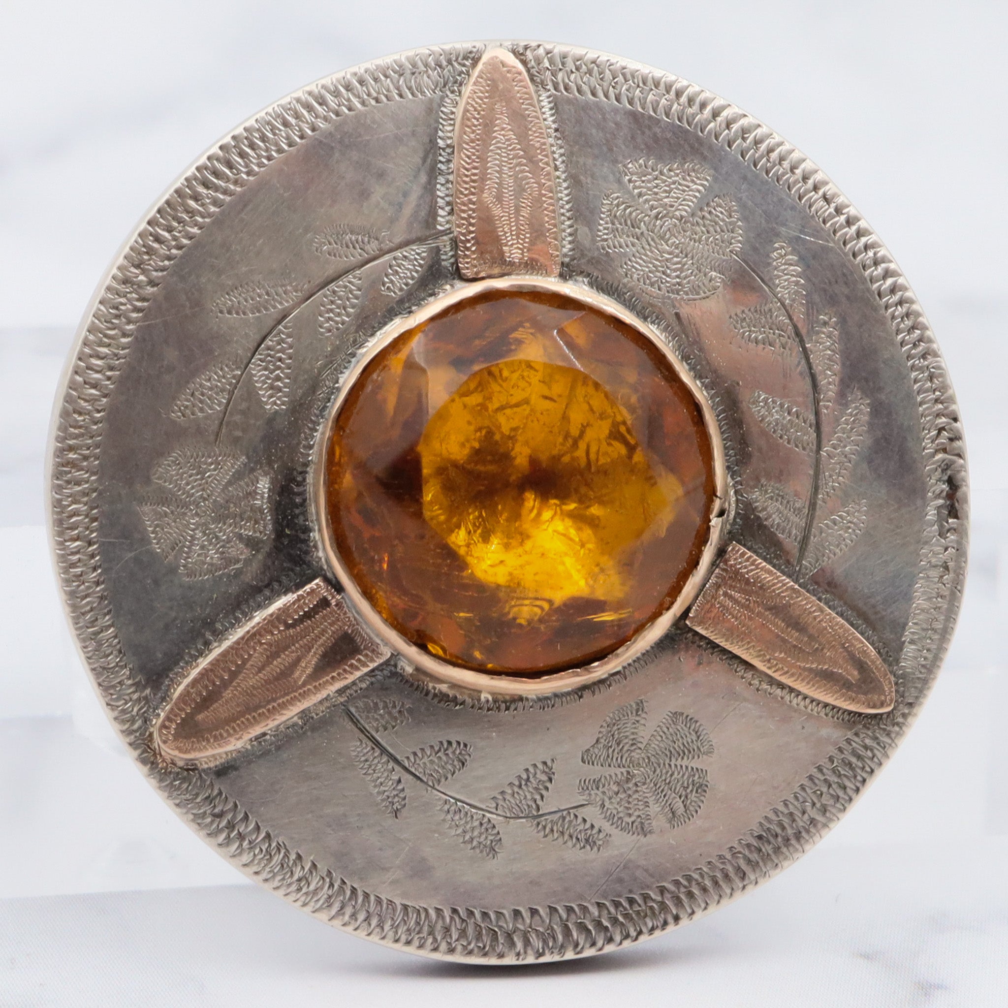 Antique victorian hand engraved sterling silver brooch with gold accents and citrine glass