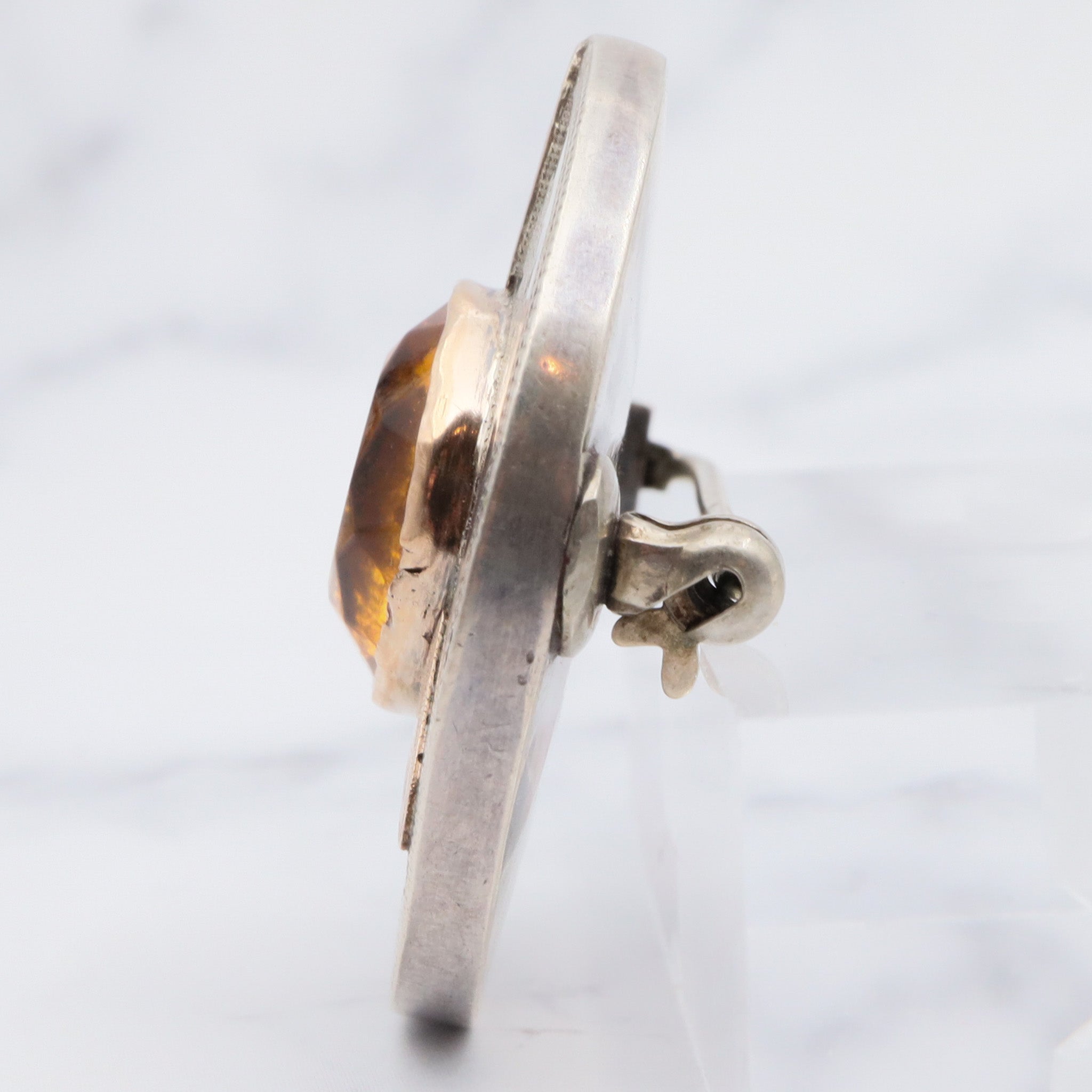 Antique victorian hand engraved sterling silver brooch with gold accents and citrine glass