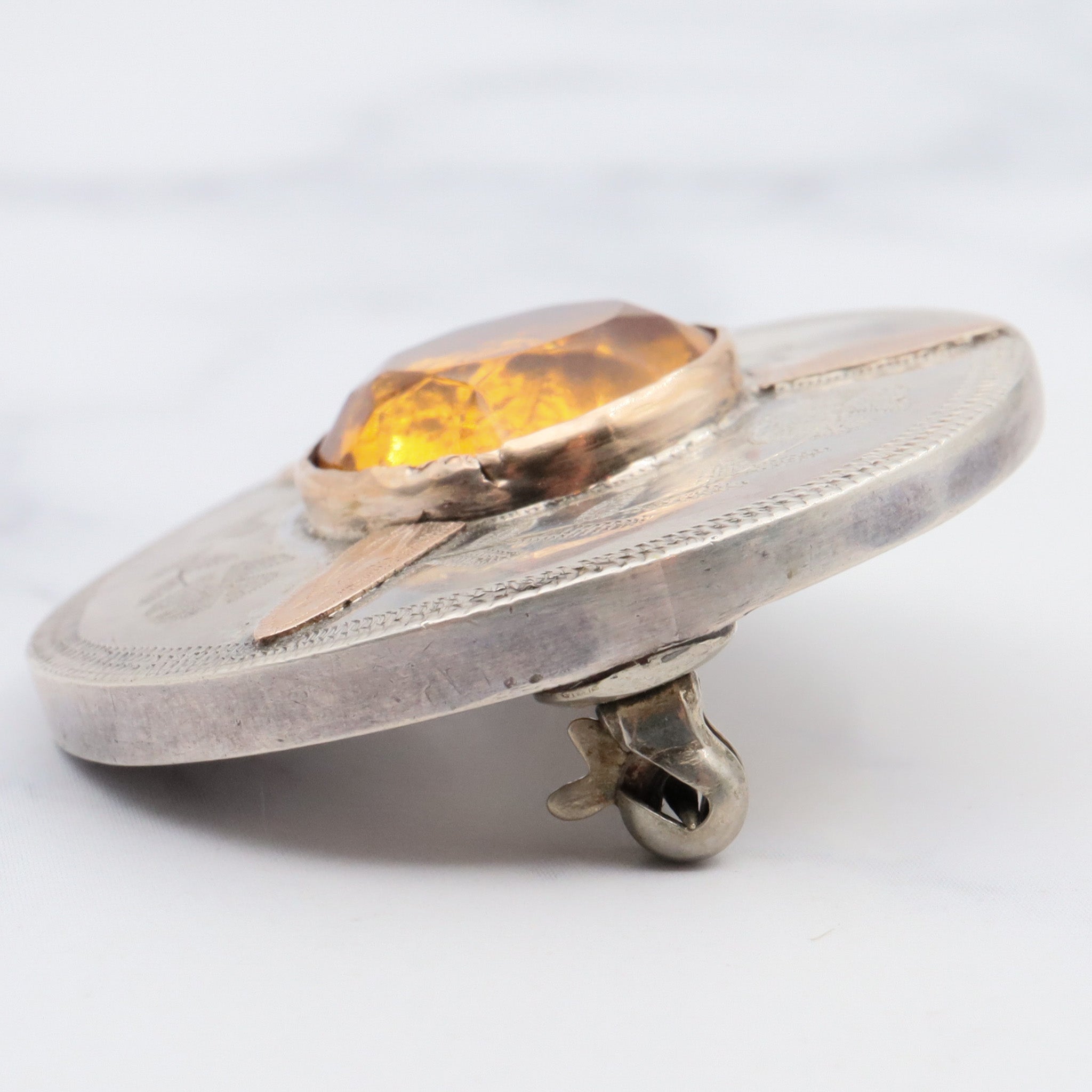 Antique victorian hand engraved sterling silver brooch with gold accents and citrine glass