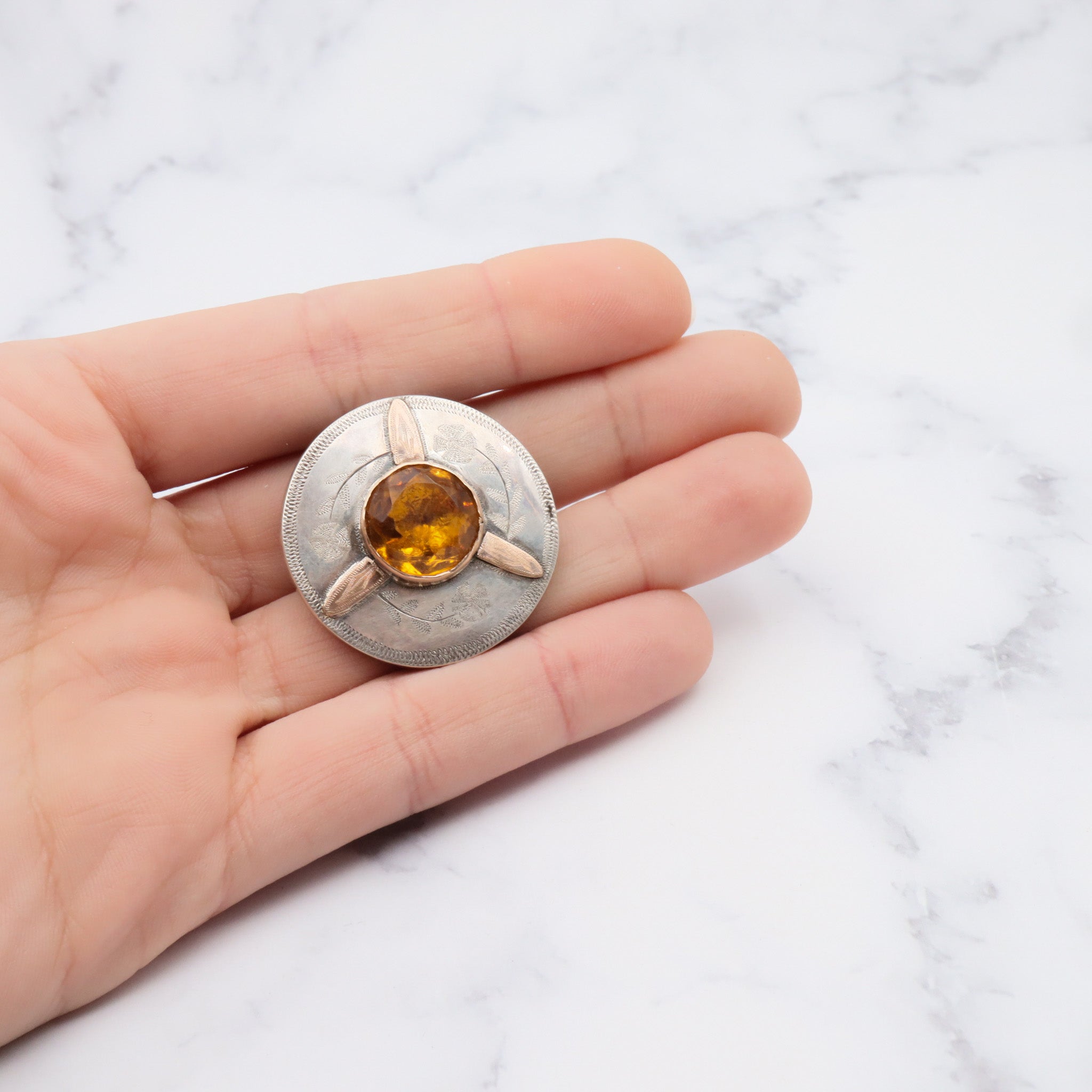 Antique victorian hand engraved sterling silver brooch with gold accents and citrine glass