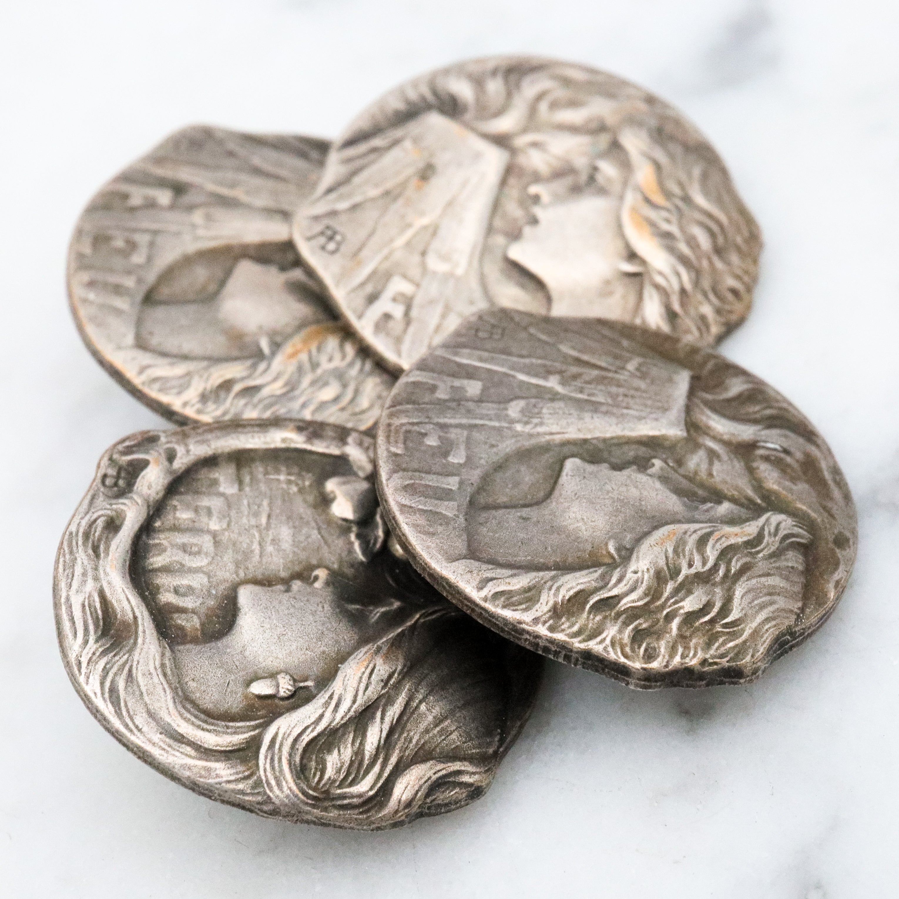 Group of 4 Antique Art Nouveau Armand Bargas Earth & Fire silver plated buttons