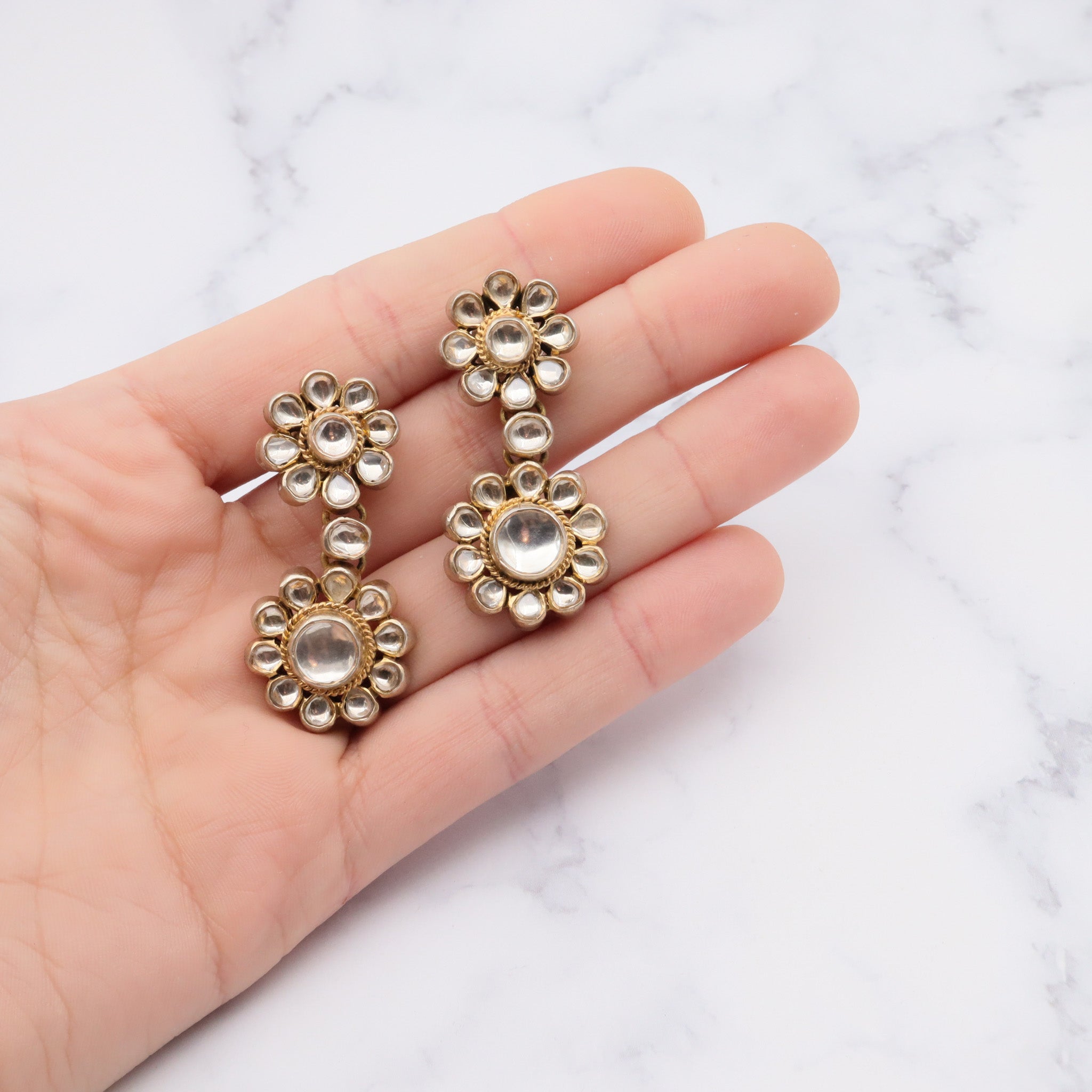 Vintage gilt sterling silver white topaz kundan flower earrings