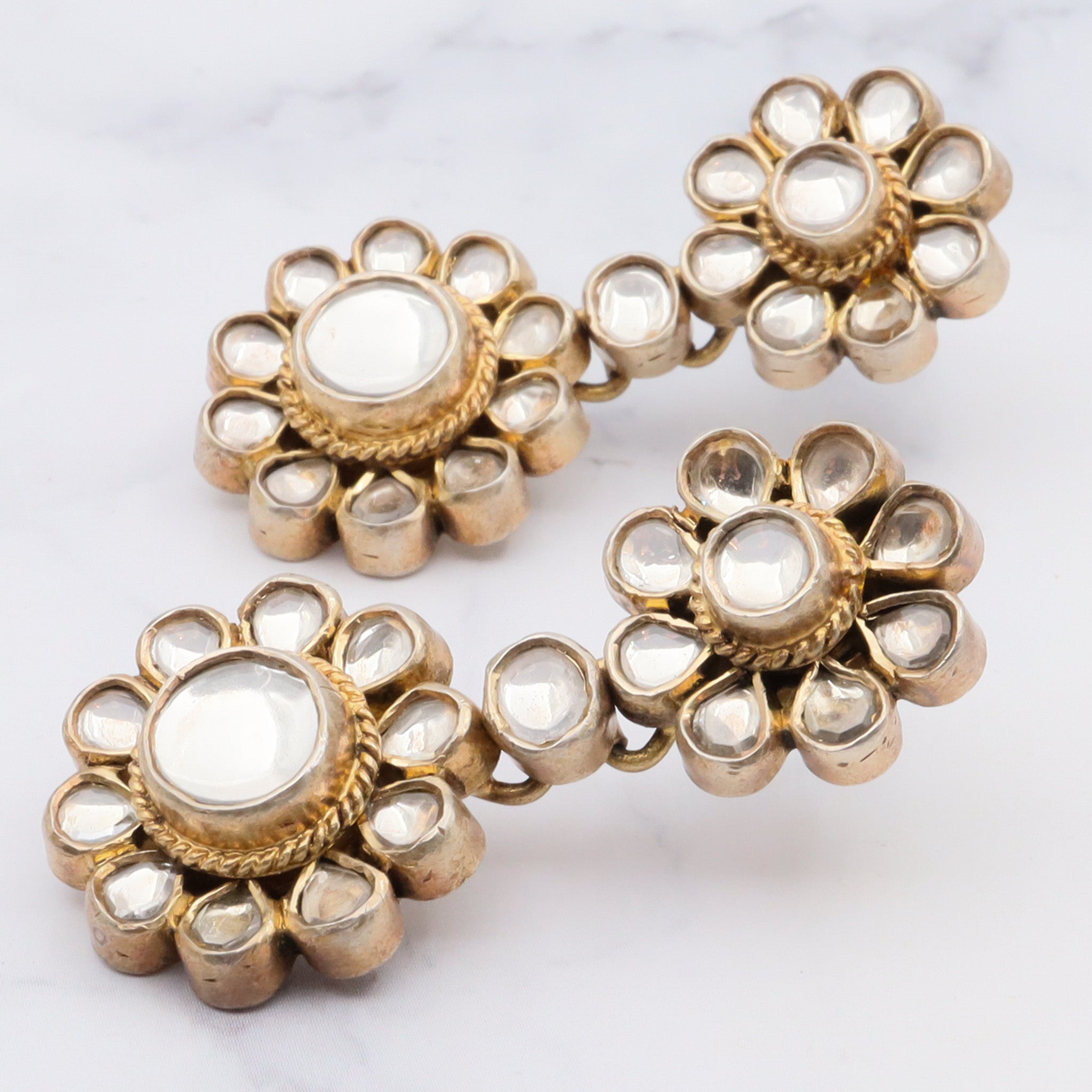 Vintage gilt sterling silver white topaz kundan flower earrings