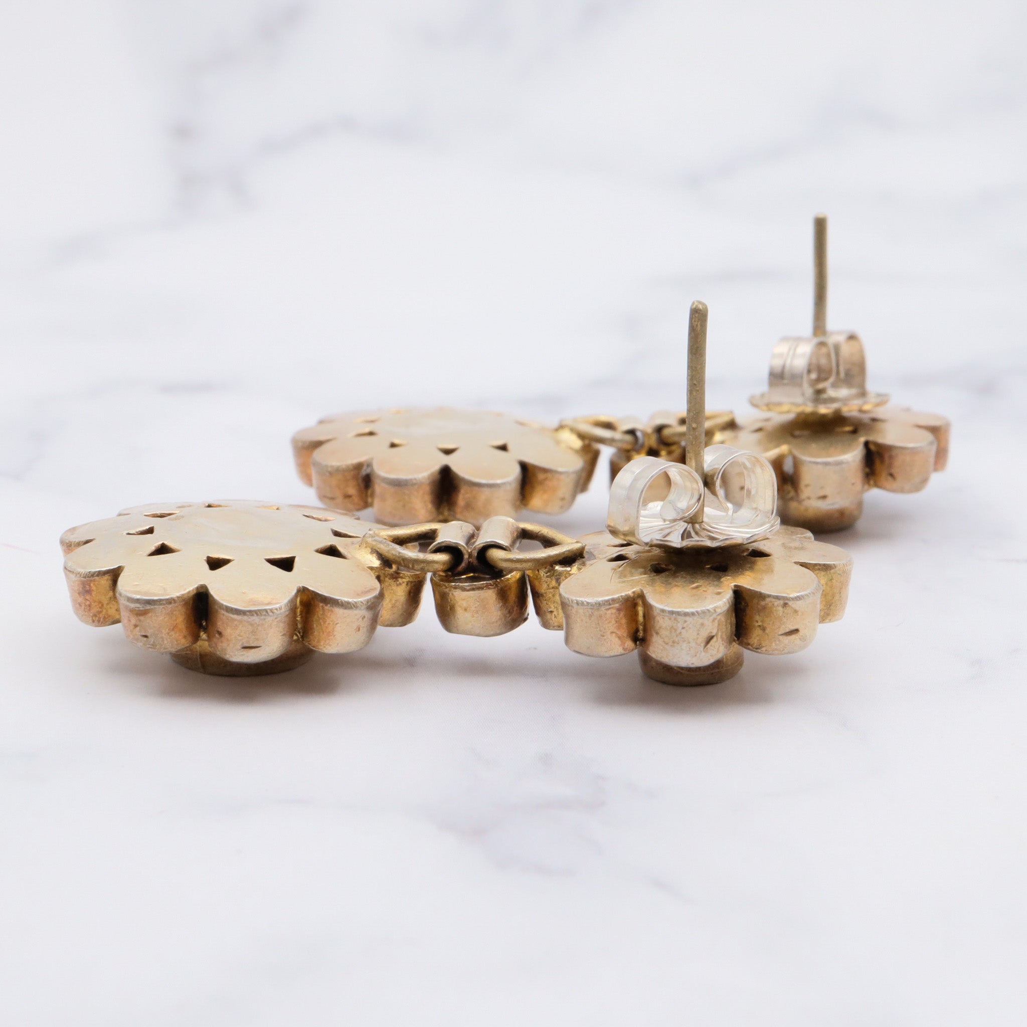 Vintage gilt sterling silver white topaz kundan flower earrings