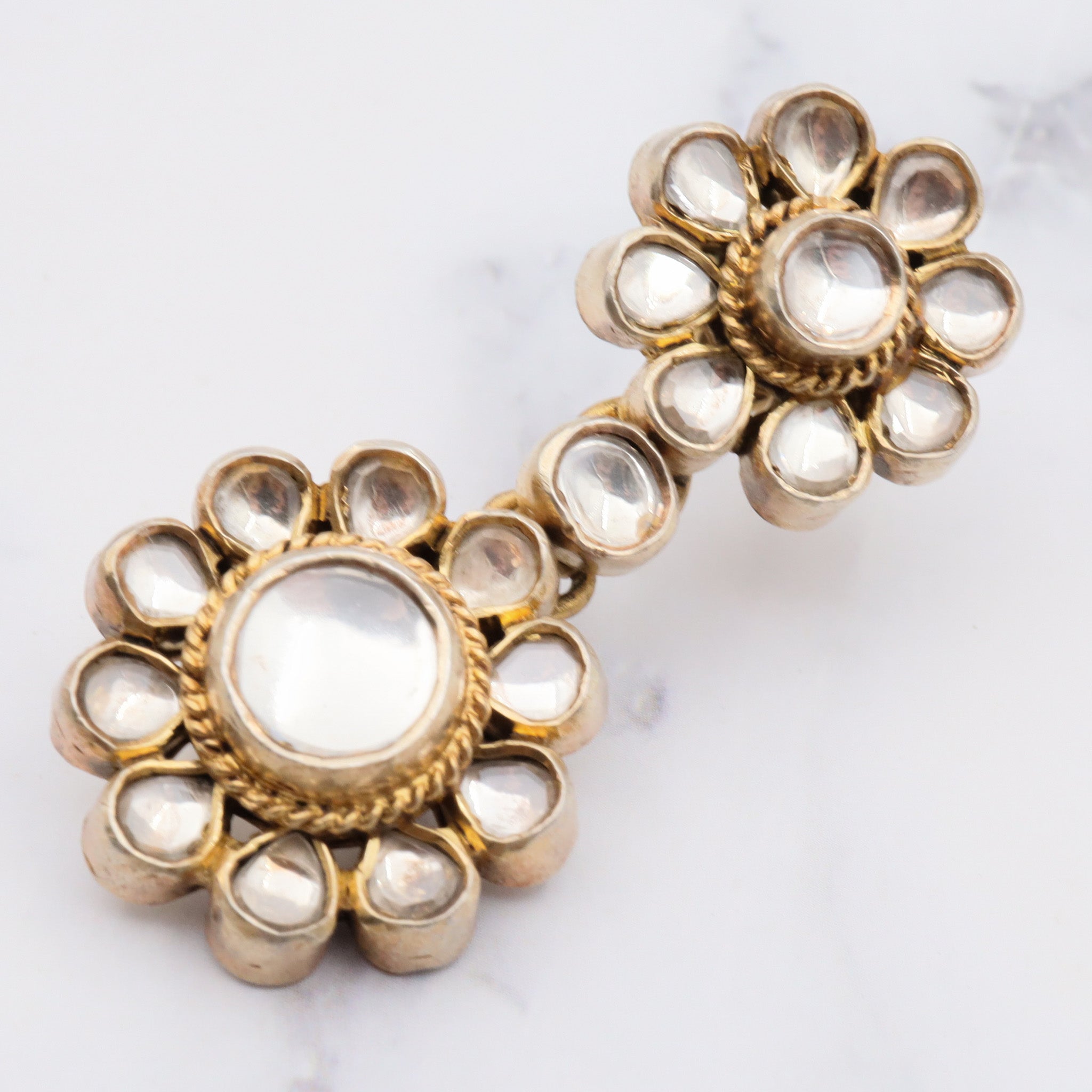 Vintage gilt sterling silver white topaz kundan flower earrings