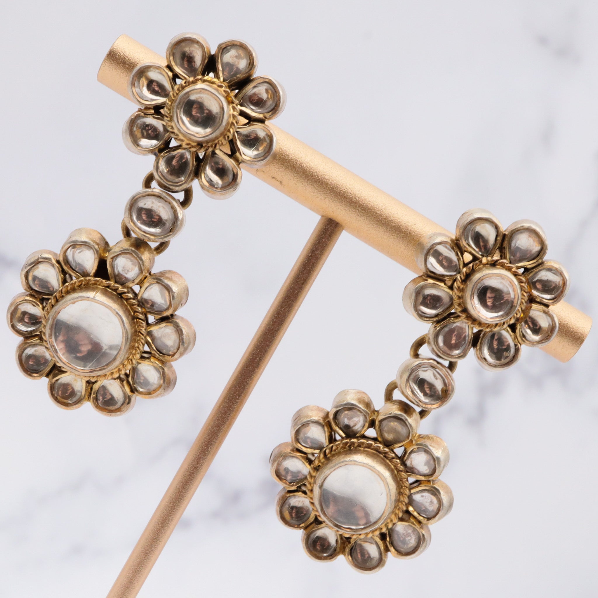 Vintage gilt sterling silver white topaz kundan flower earrings