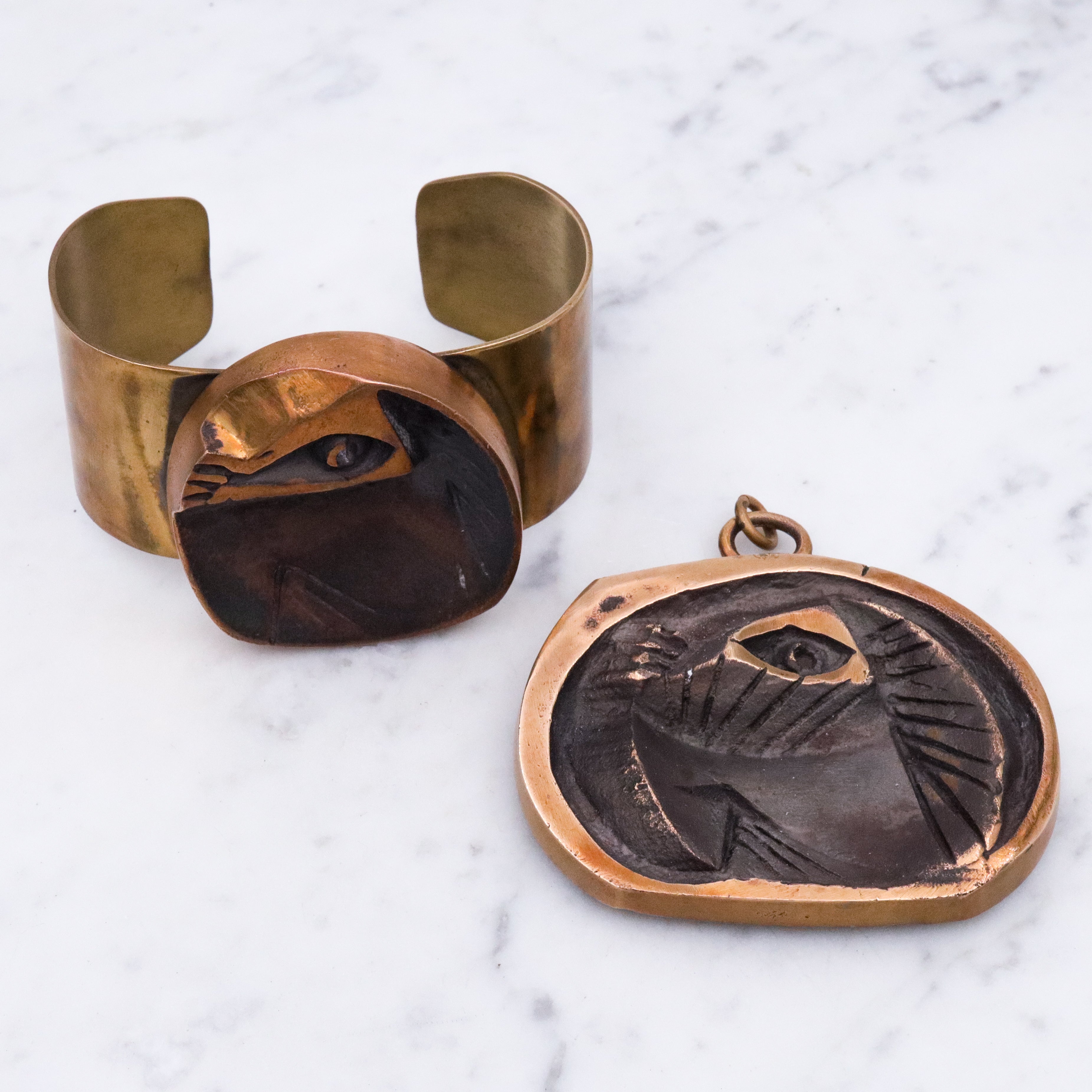 Mid Century Henri Nogaret designed copper and brass cuff bracelet & pendant set