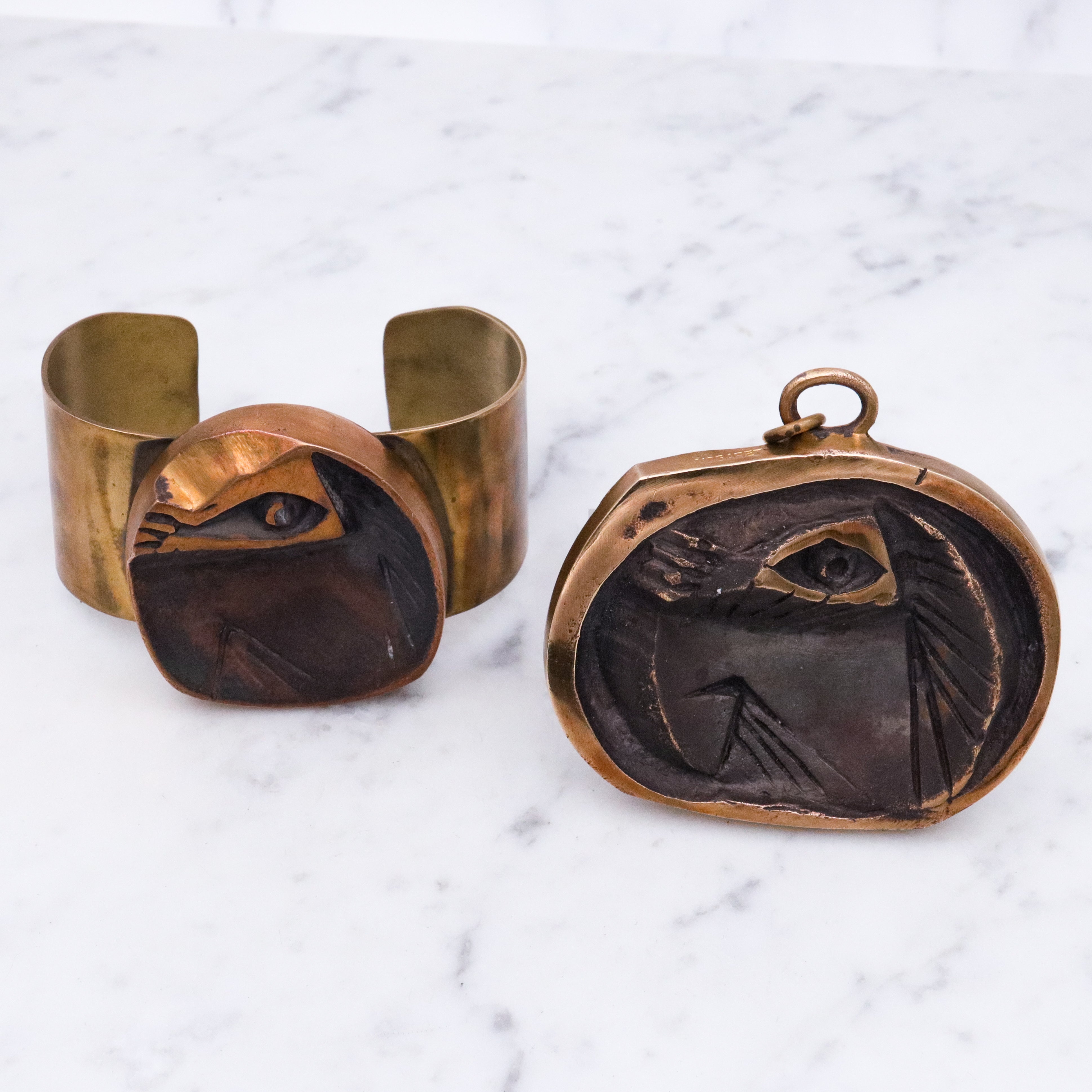 Mid Century Henri Nogaret designed copper and brass cuff bracelet & pendant set