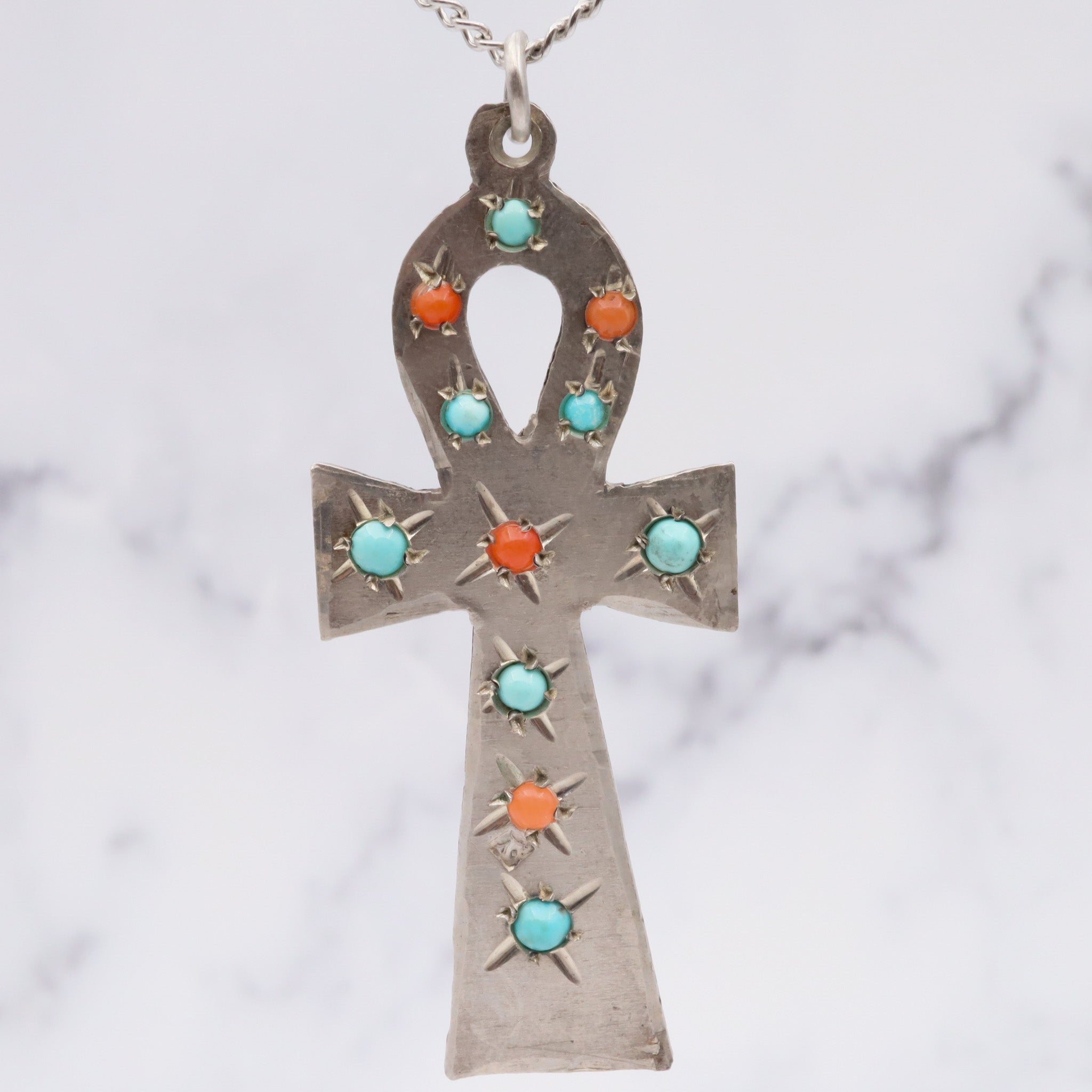 Antique sterling silver turquoise and coral Egyptian Ankh pendant