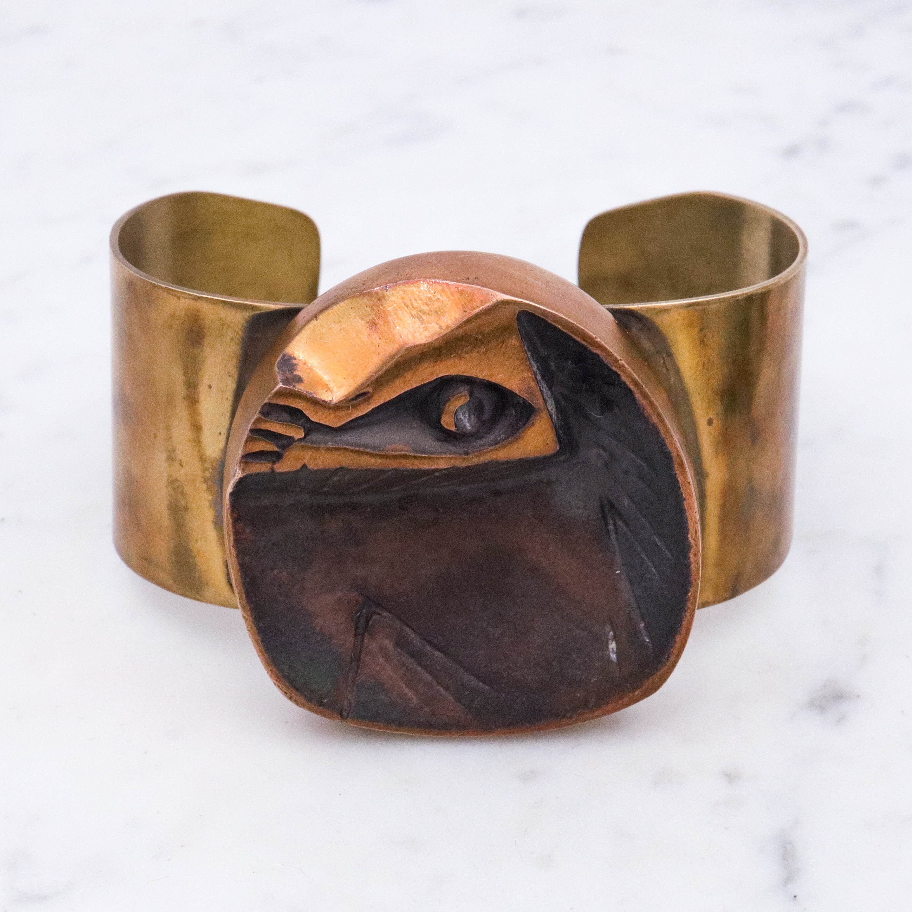 Mid Century Henri Nogaret designed copper and brass cuff bracelet & pendant set