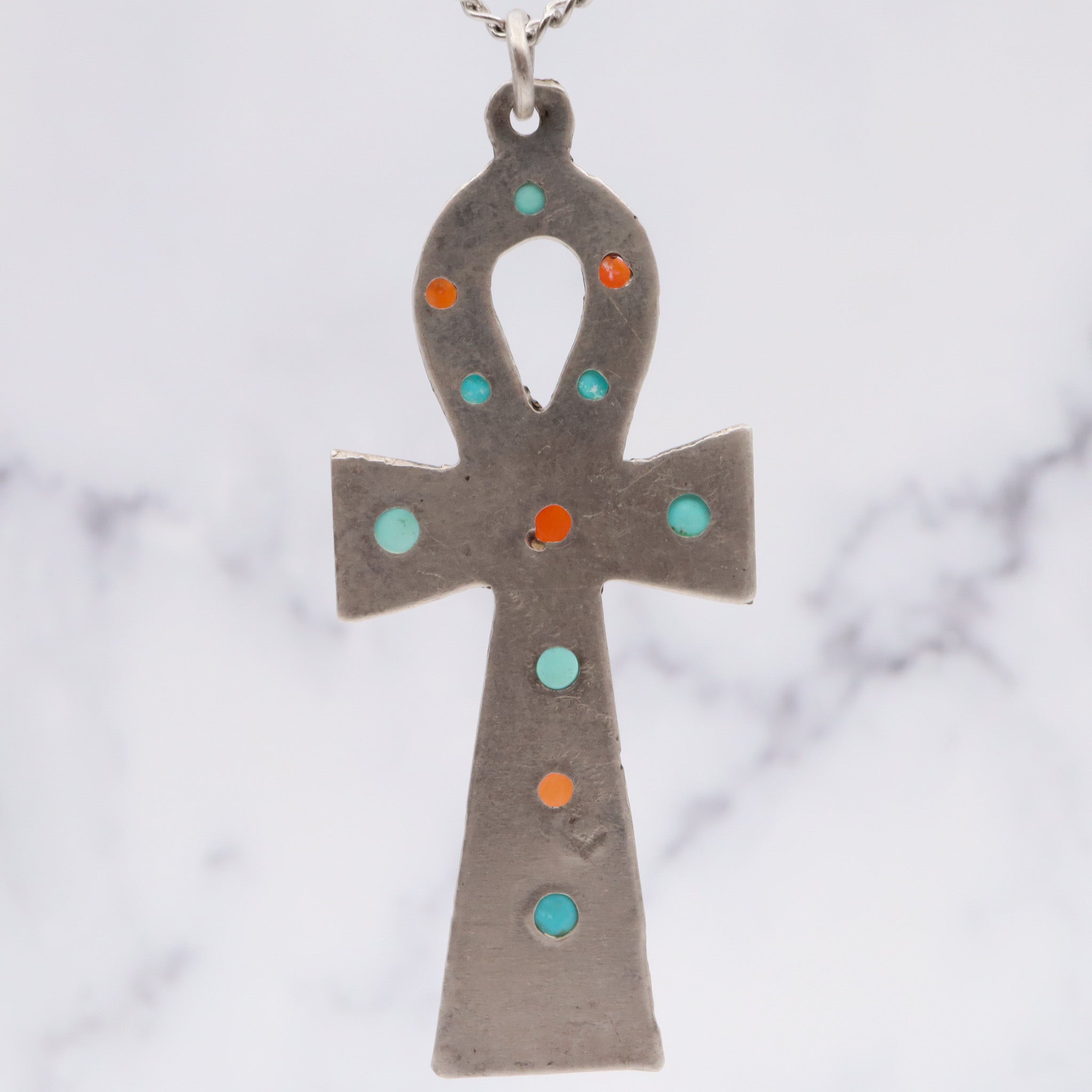 Antique sterling silver turquoise and coral Egyptian Ankh pendant