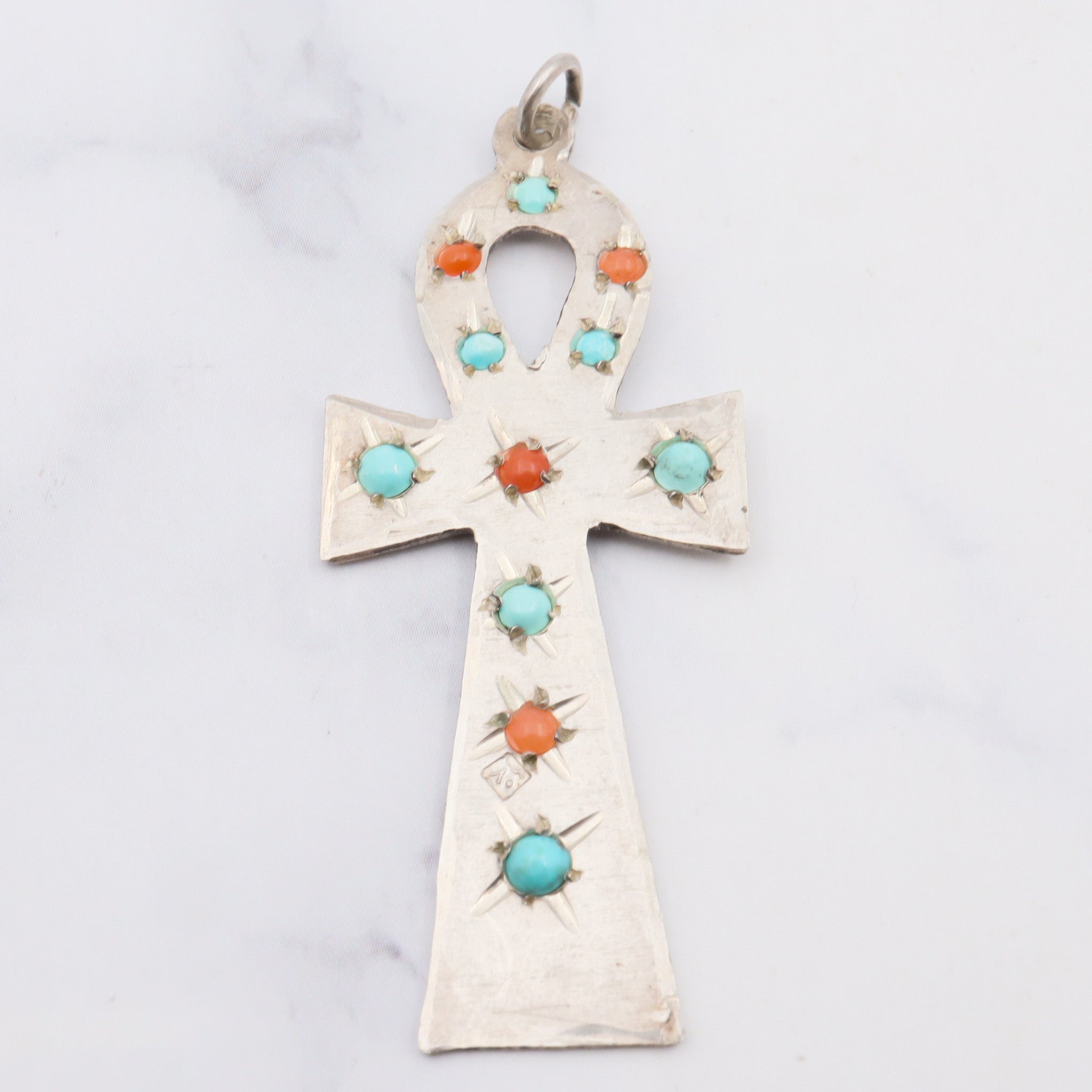 Antique sterling silver turquoise and coral Egyptian Ankh pendant