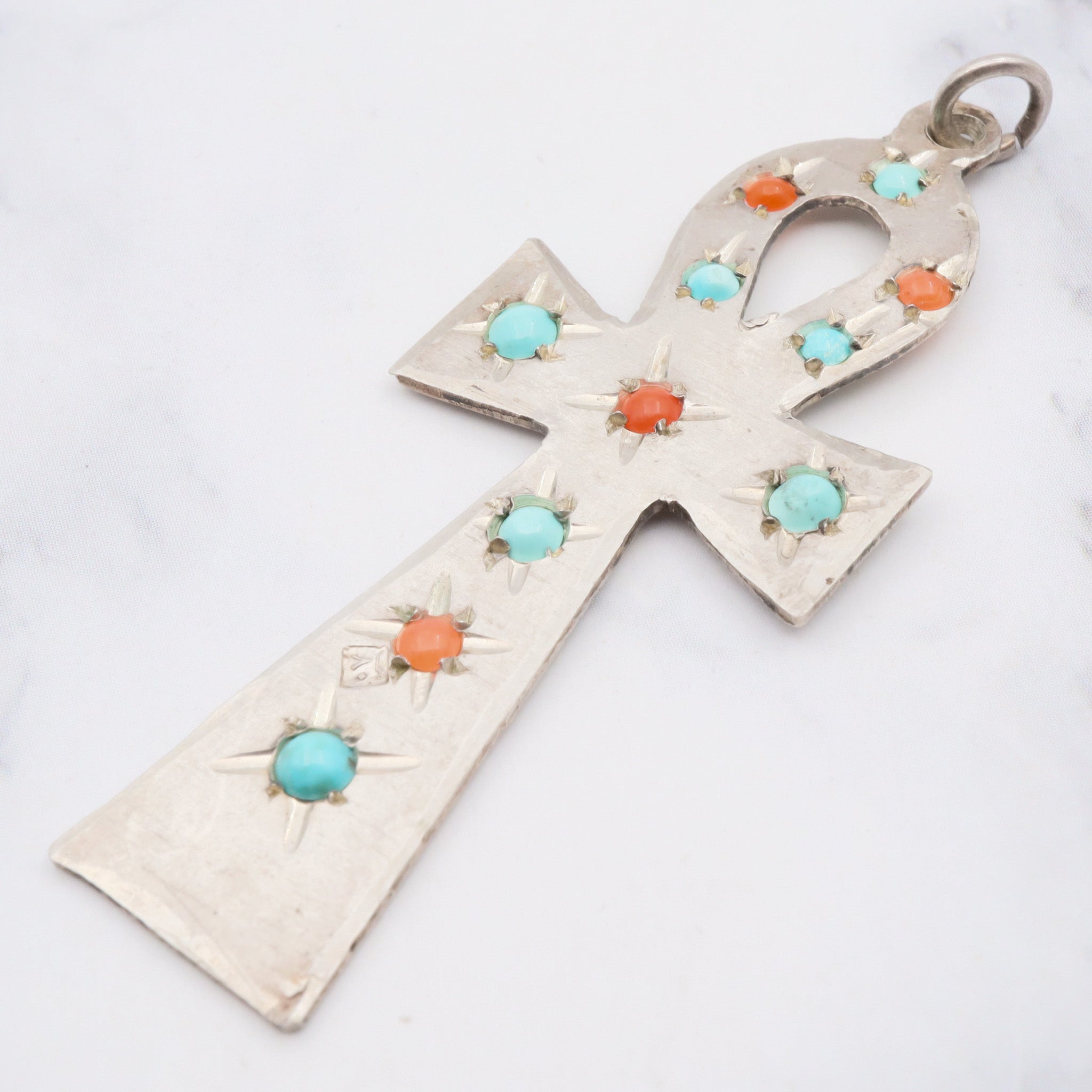 Antique sterling silver turquoise and coral Egyptian Ankh pendant