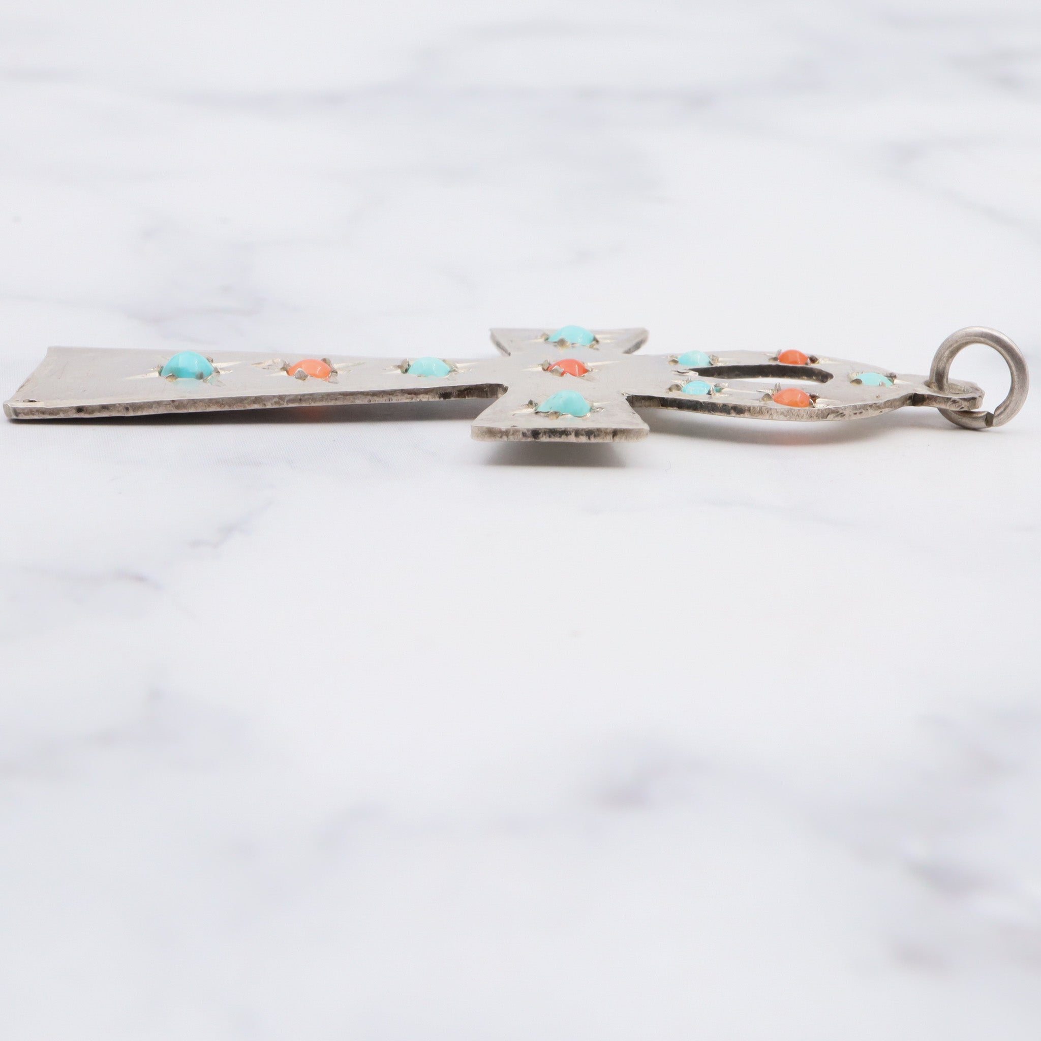 Antique sterling silver turquoise and coral Egyptian Ankh pendant