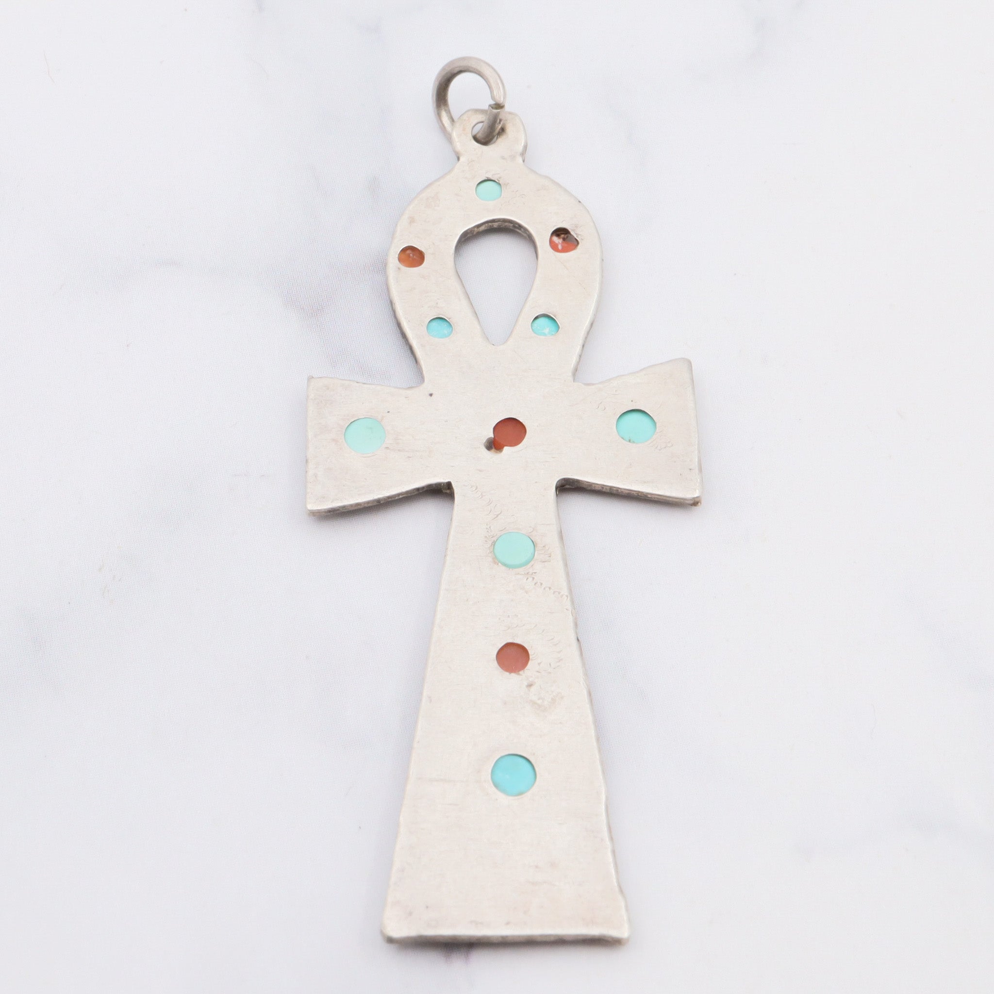 Antique sterling silver turquoise and coral Egyptian Ankh pendant
