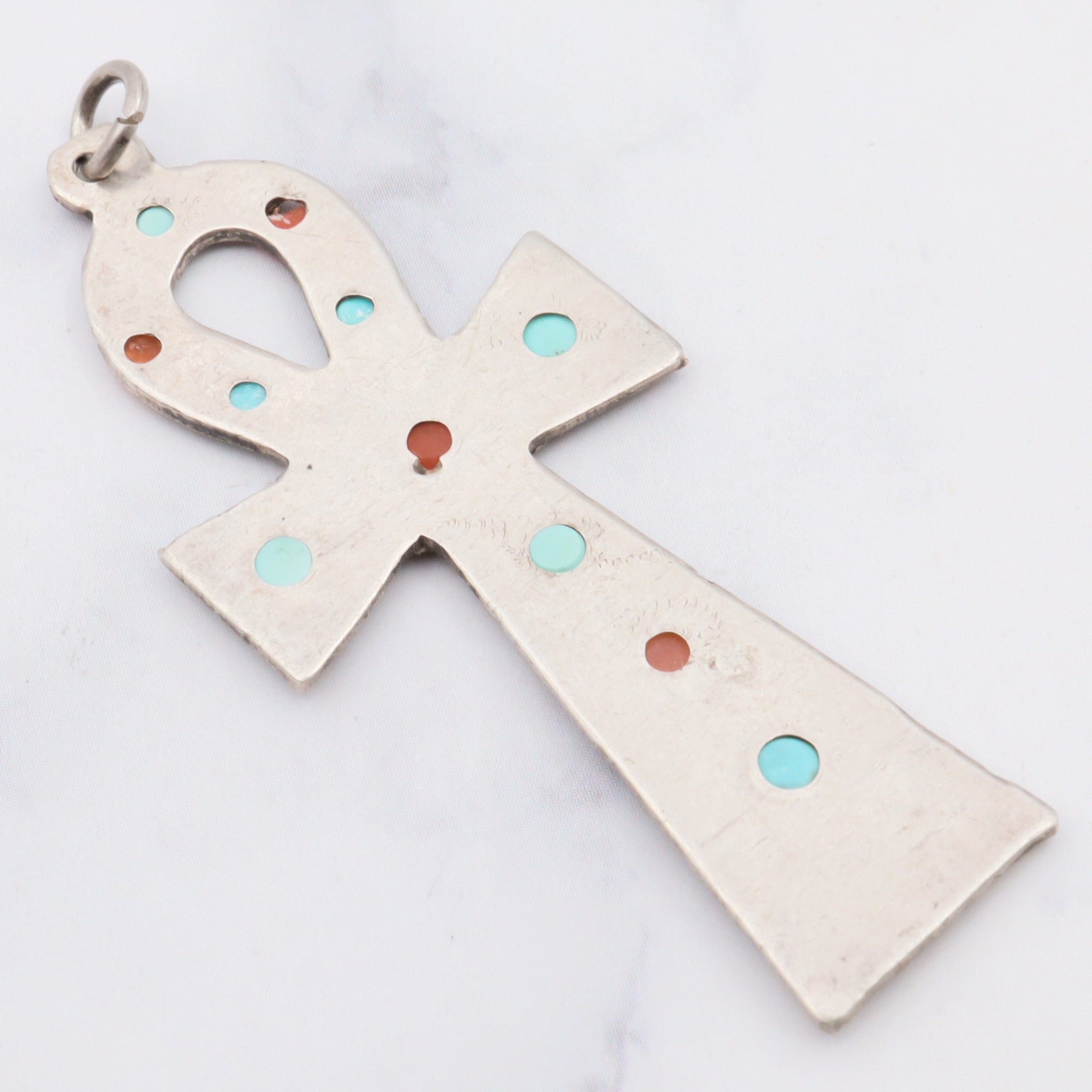 Antique sterling silver turquoise and coral Egyptian Ankh pendant