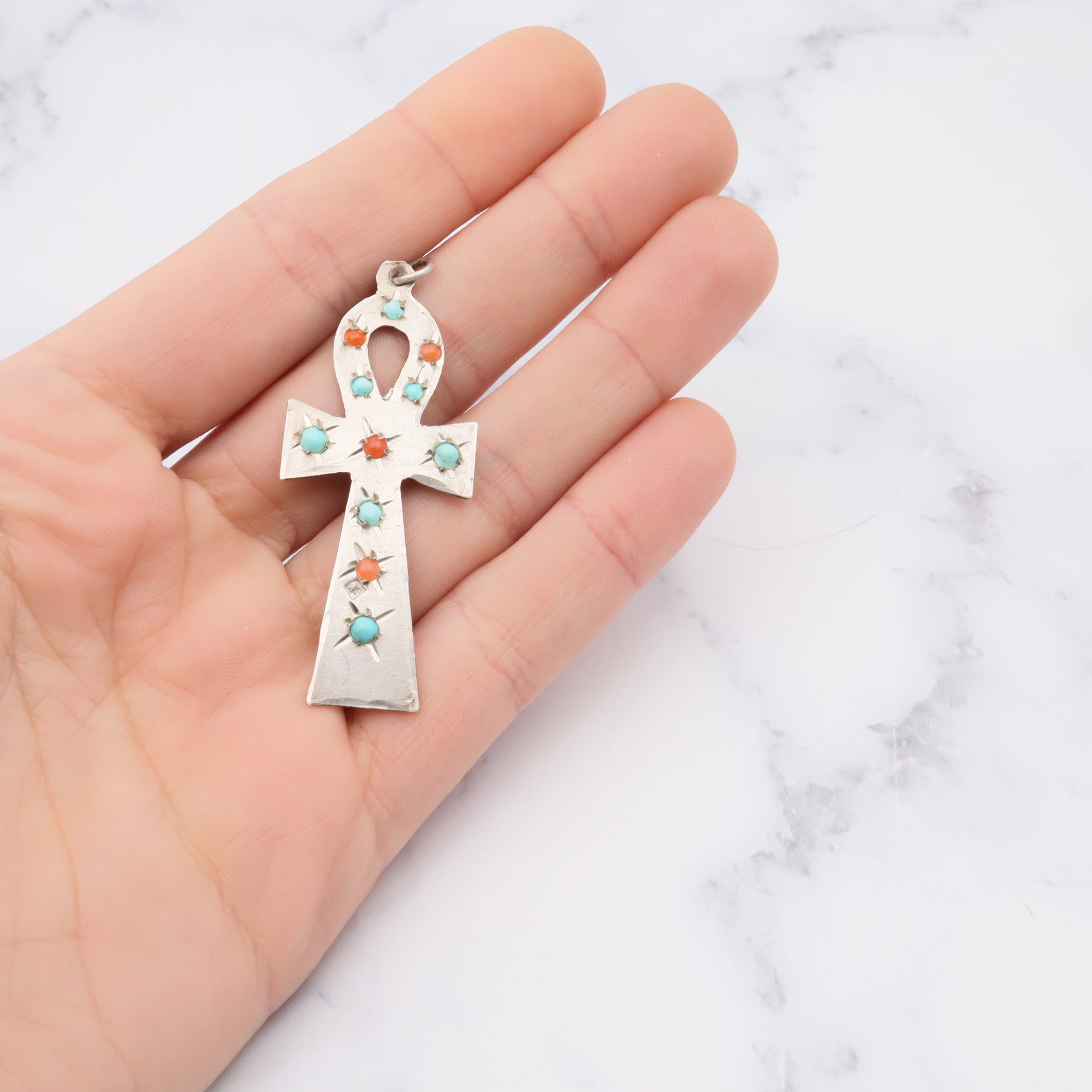 Antique sterling silver turquoise and coral Egyptian Ankh pendant