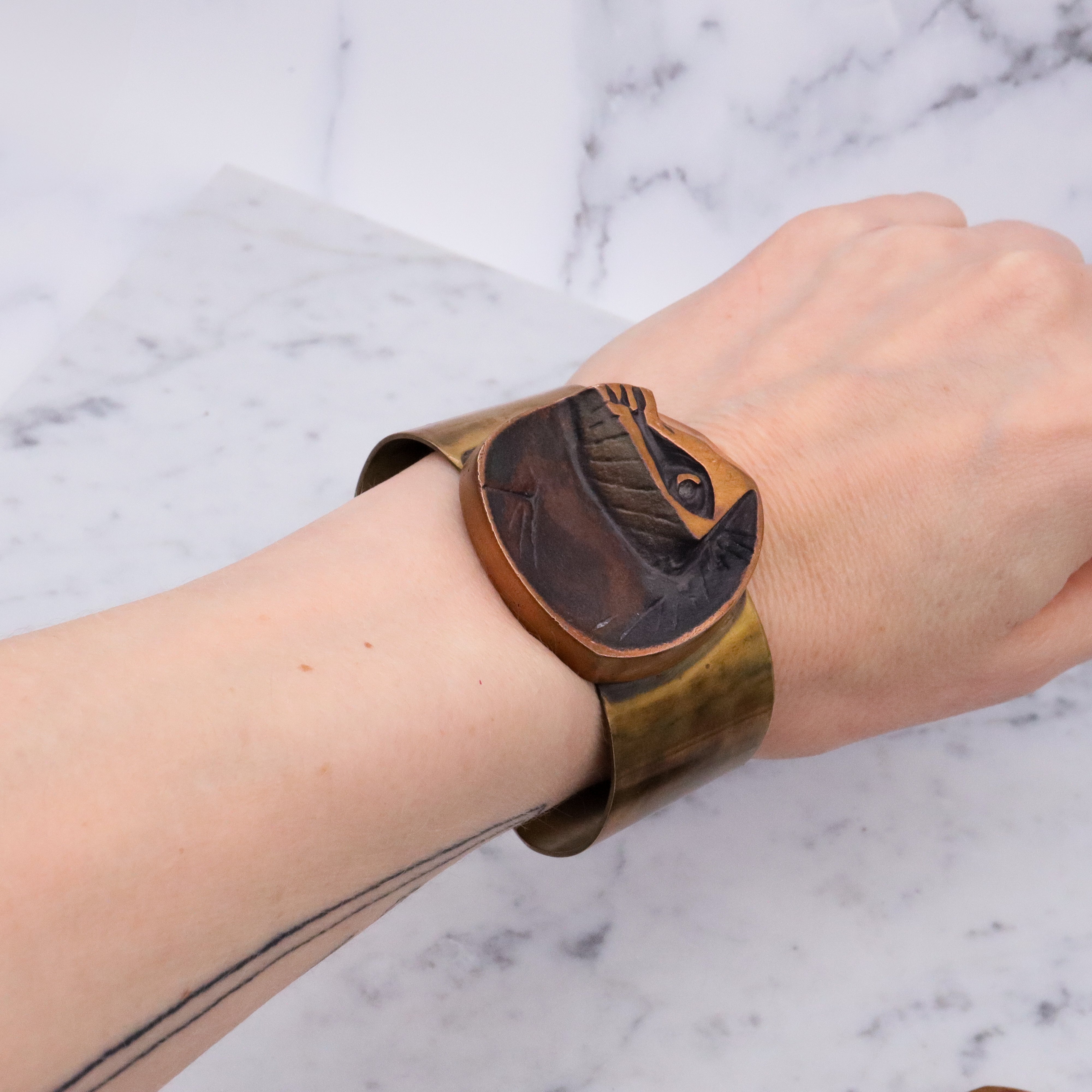 Mid Century Henri Nogaret designed copper and brass cuff bracelet & pendant set