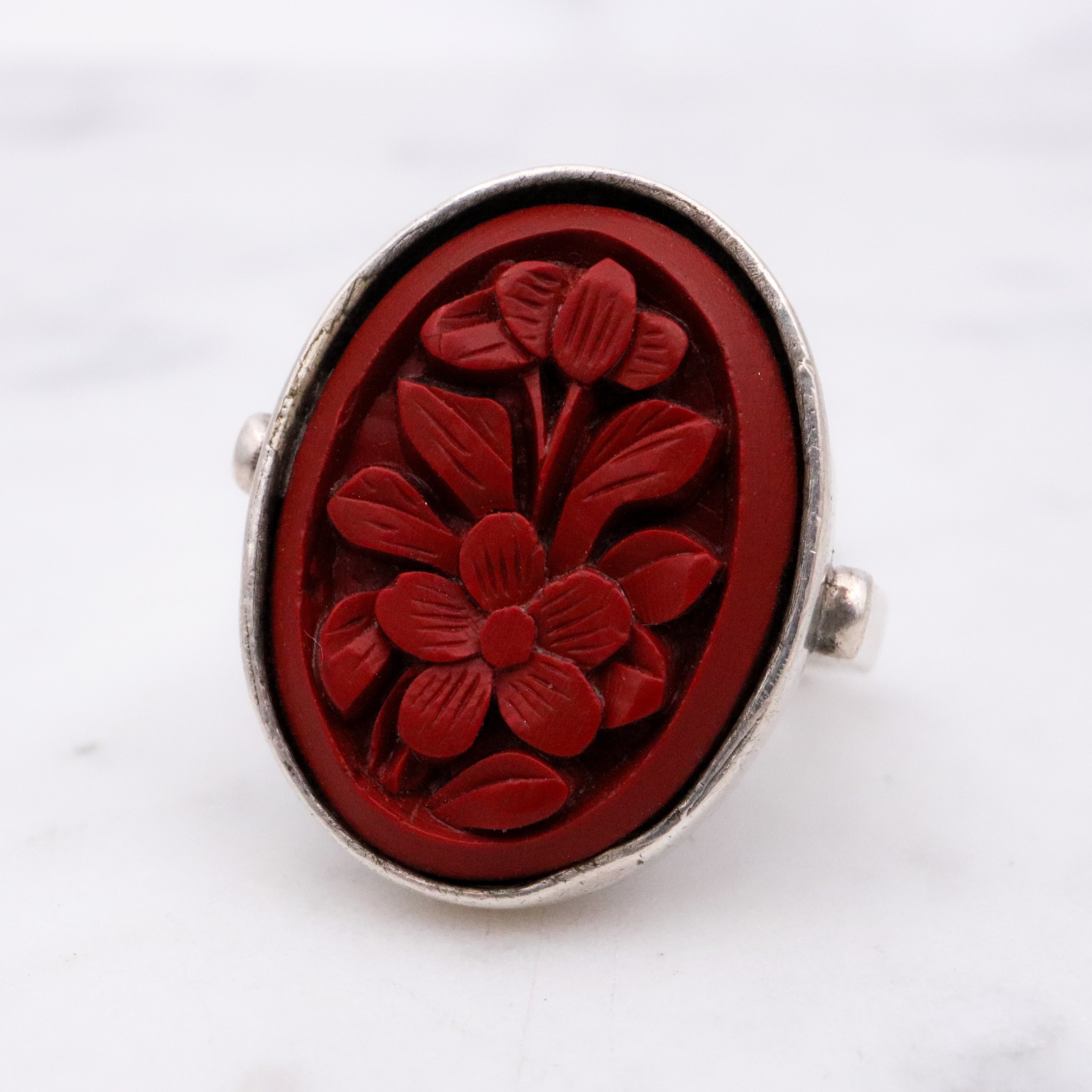 Vintage floral carved red cinnabar sterling ring, size 6 adjustable