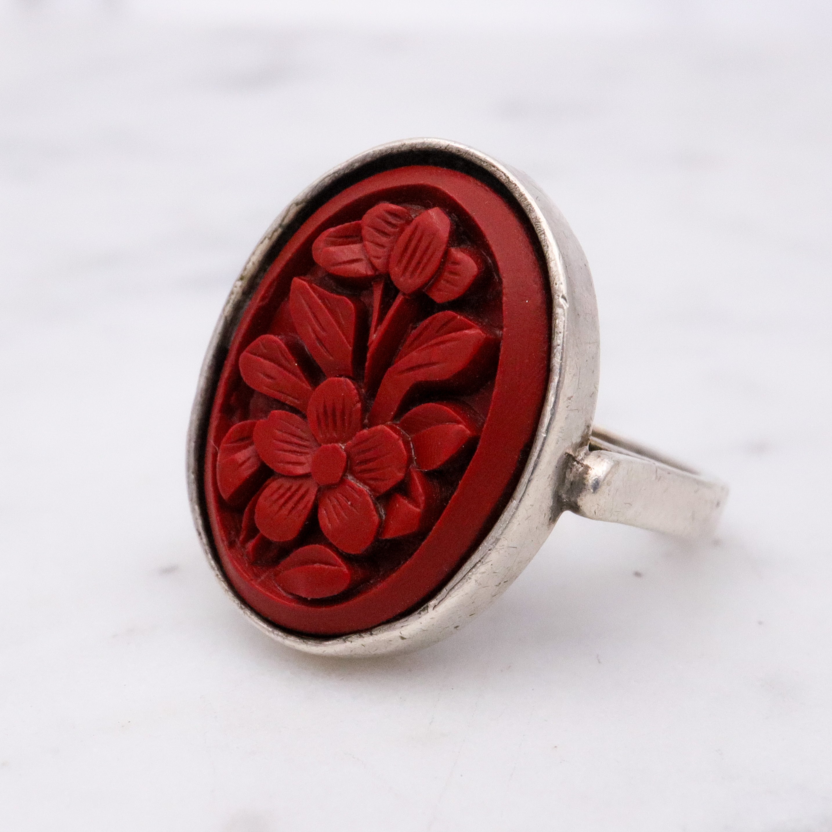 Vintage floral carved red cinnabar sterling ring, size 6 adjustable