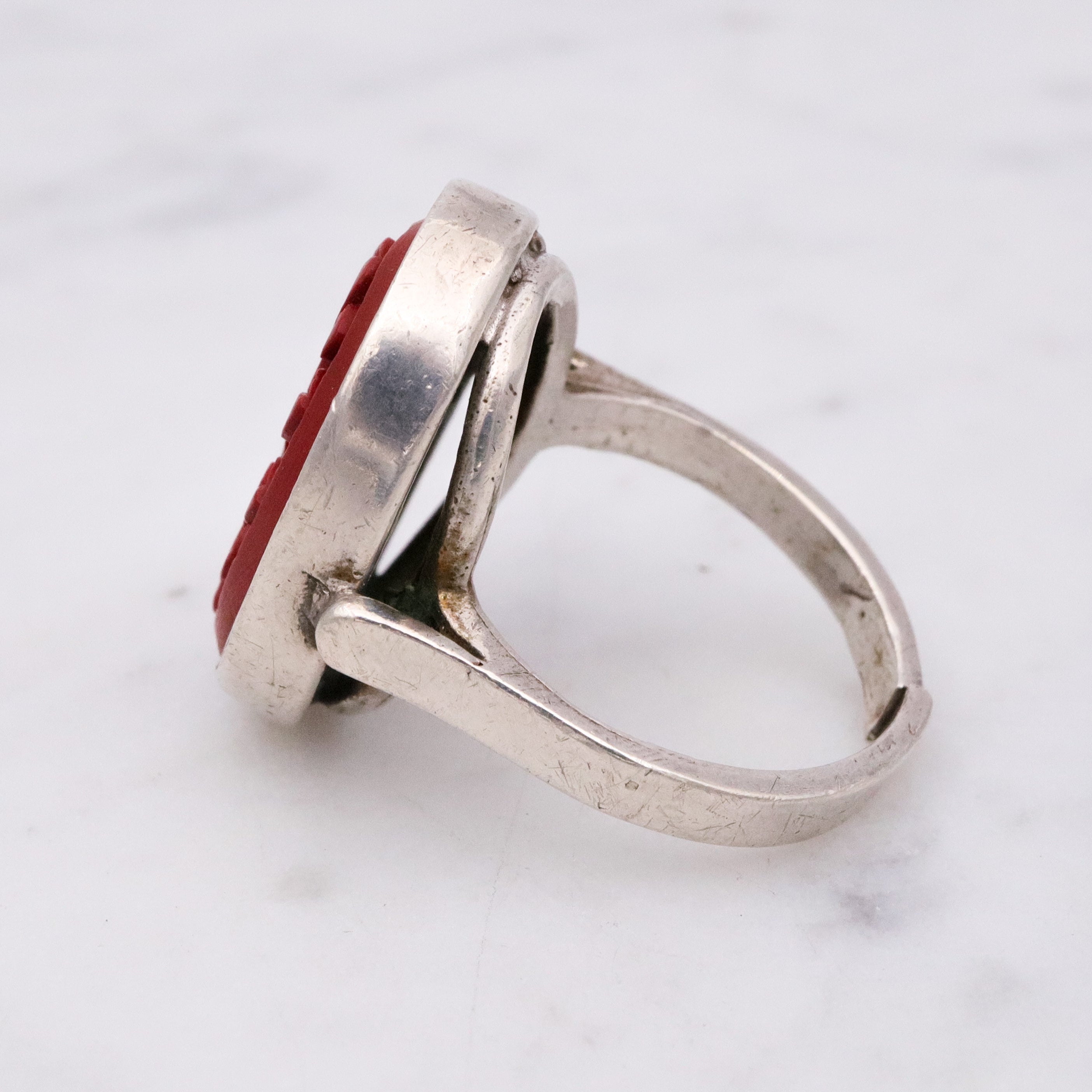 Vintage floral carved red cinnabar sterling ring, size 6 adjustable