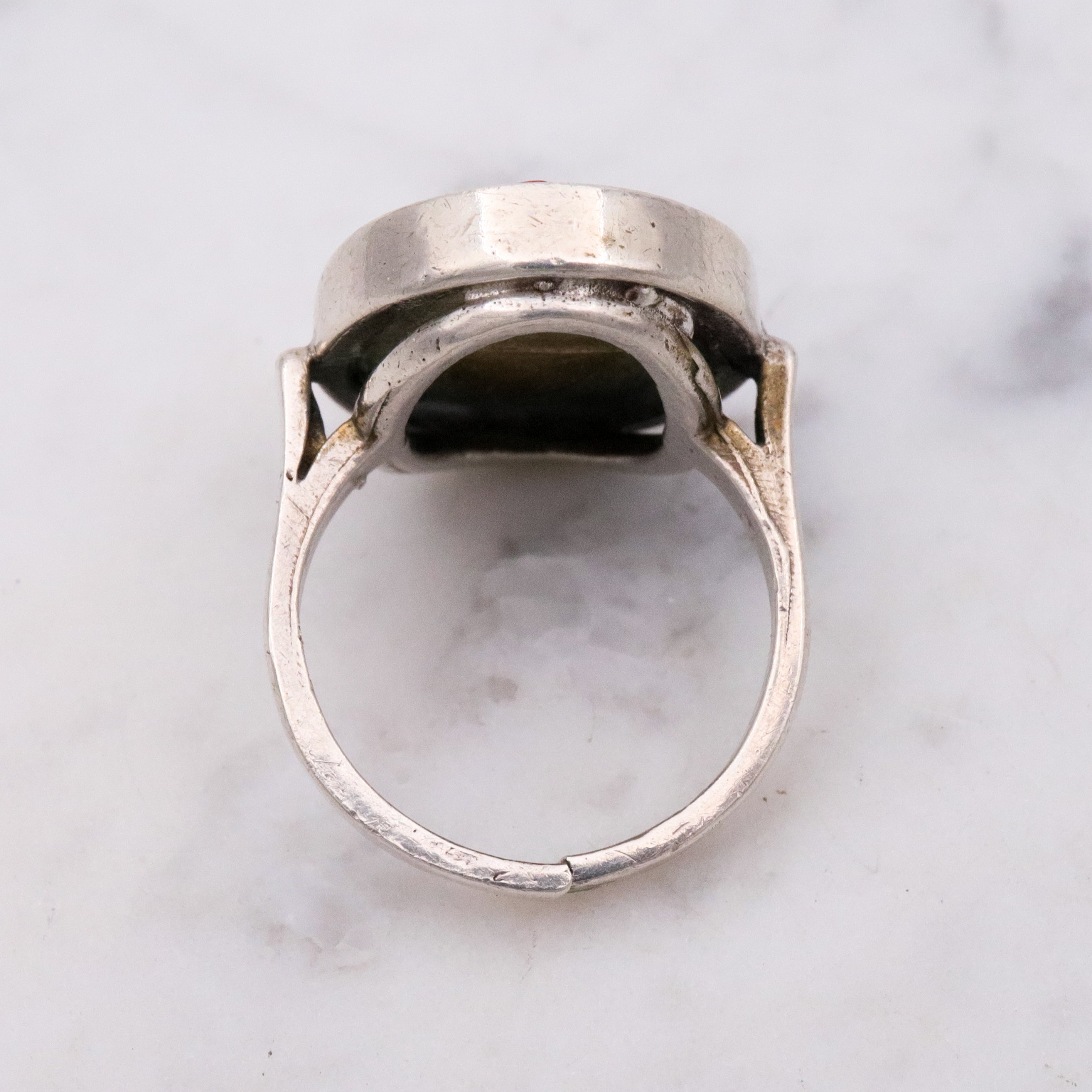 Vintage floral carved red cinnabar sterling ring, size 6 adjustable