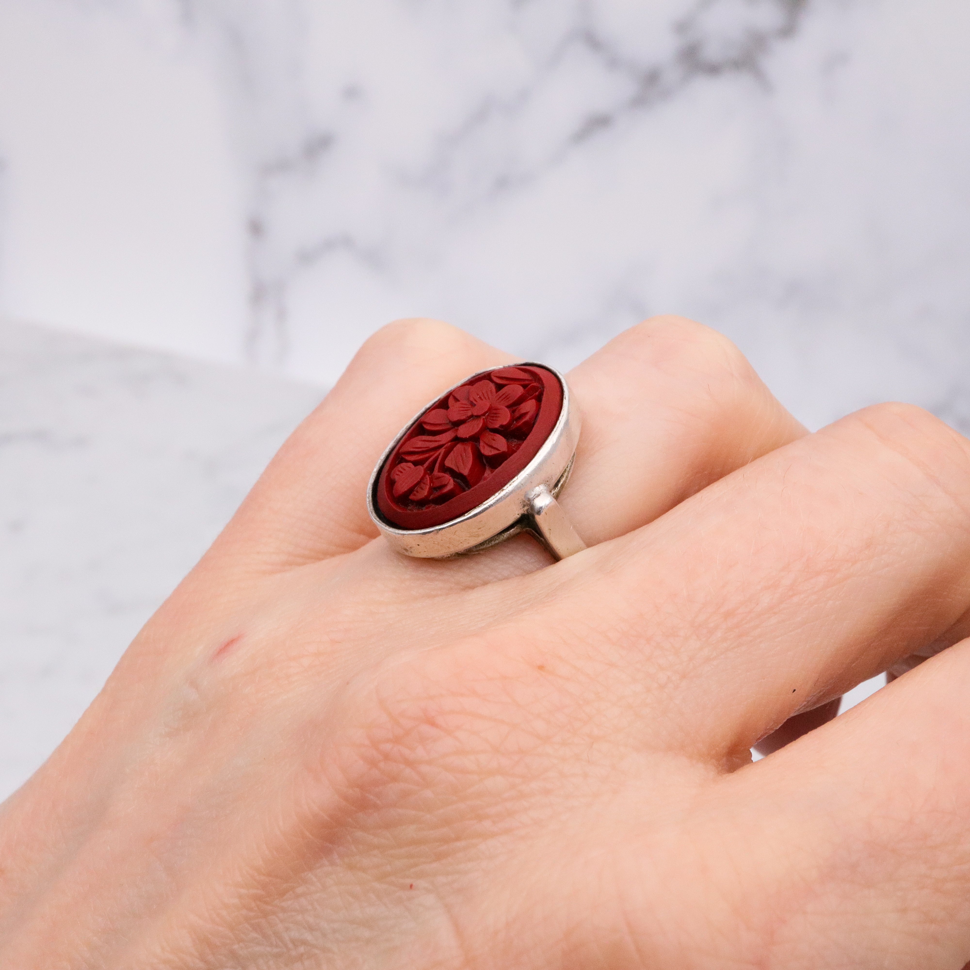 Vintage floral carved red cinnabar sterling ring, size 6 adjustable