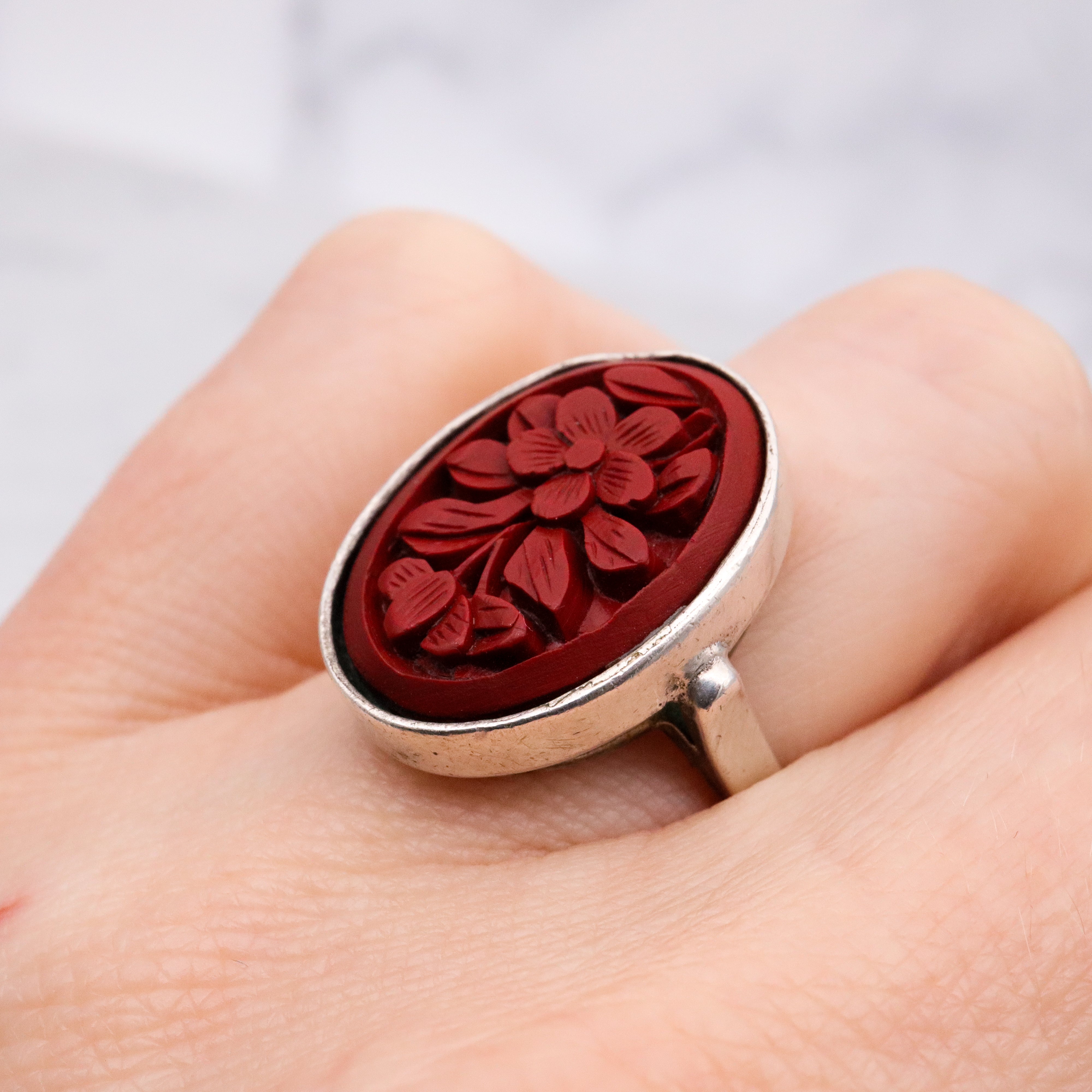 Vintage floral carved red cinnabar sterling ring, size 6 adjustable