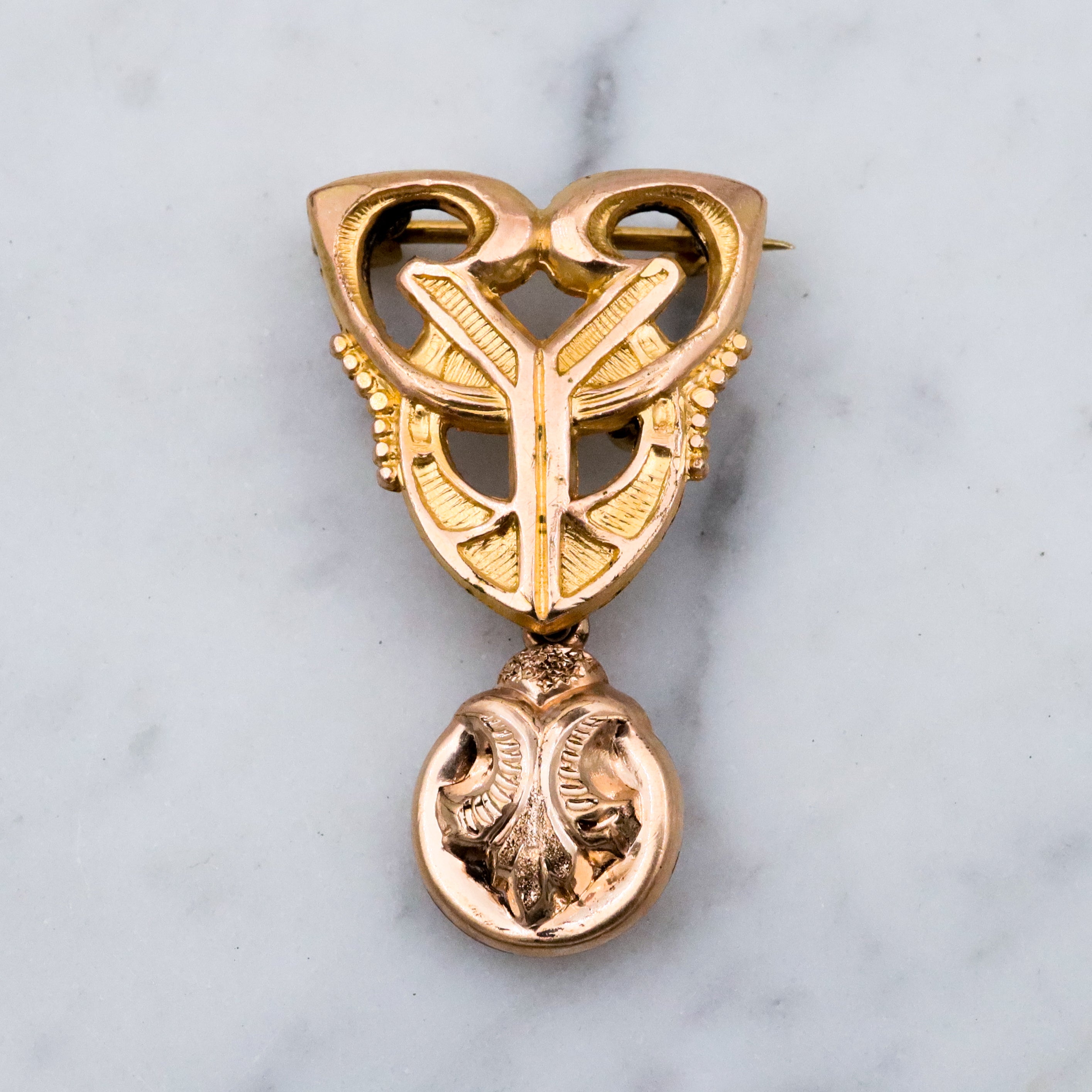 Antique Art Deco geometric gilt metal watch clip brooch w/fob drop