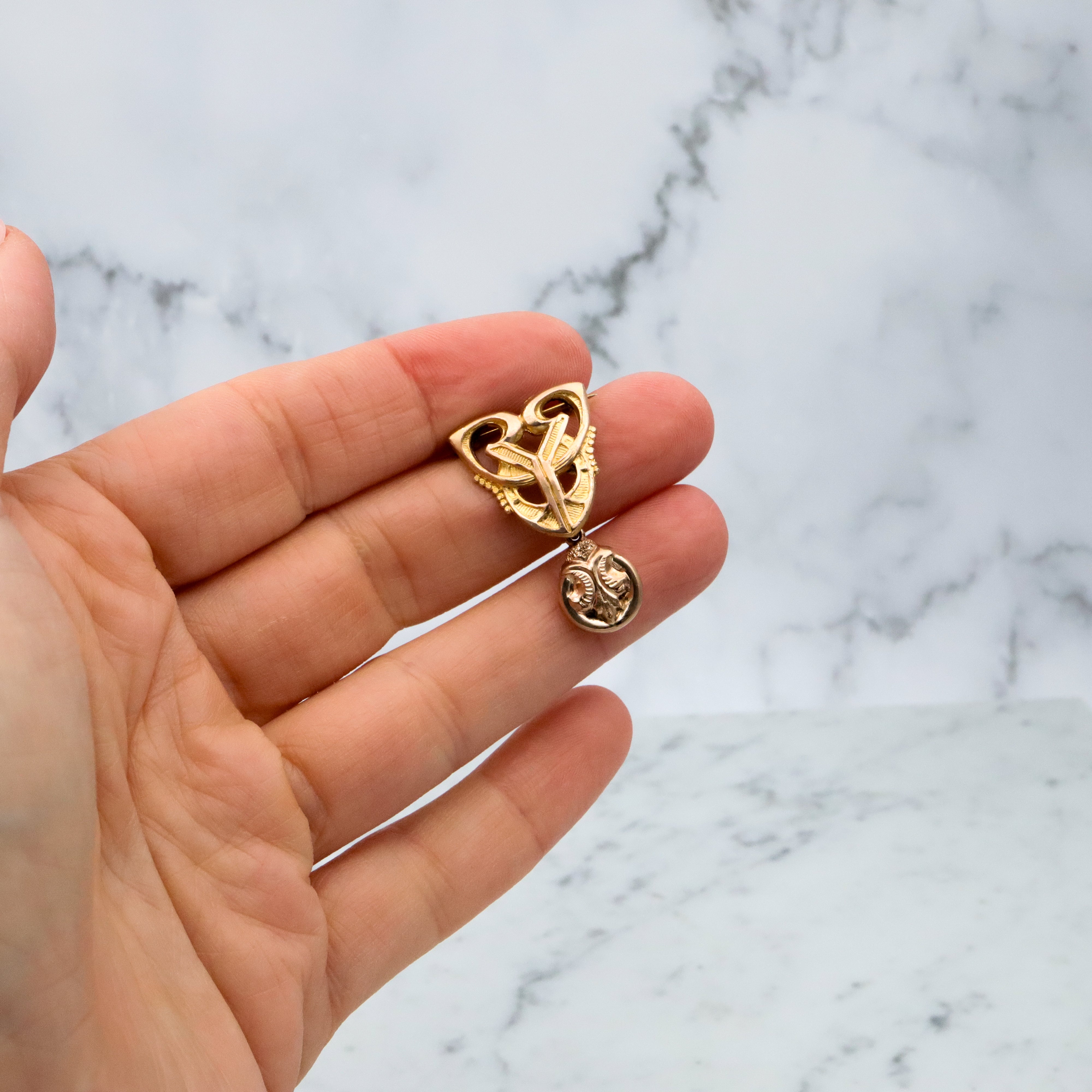 Antique Art Deco geometric gilt metal watch clip brooch w/fob drop