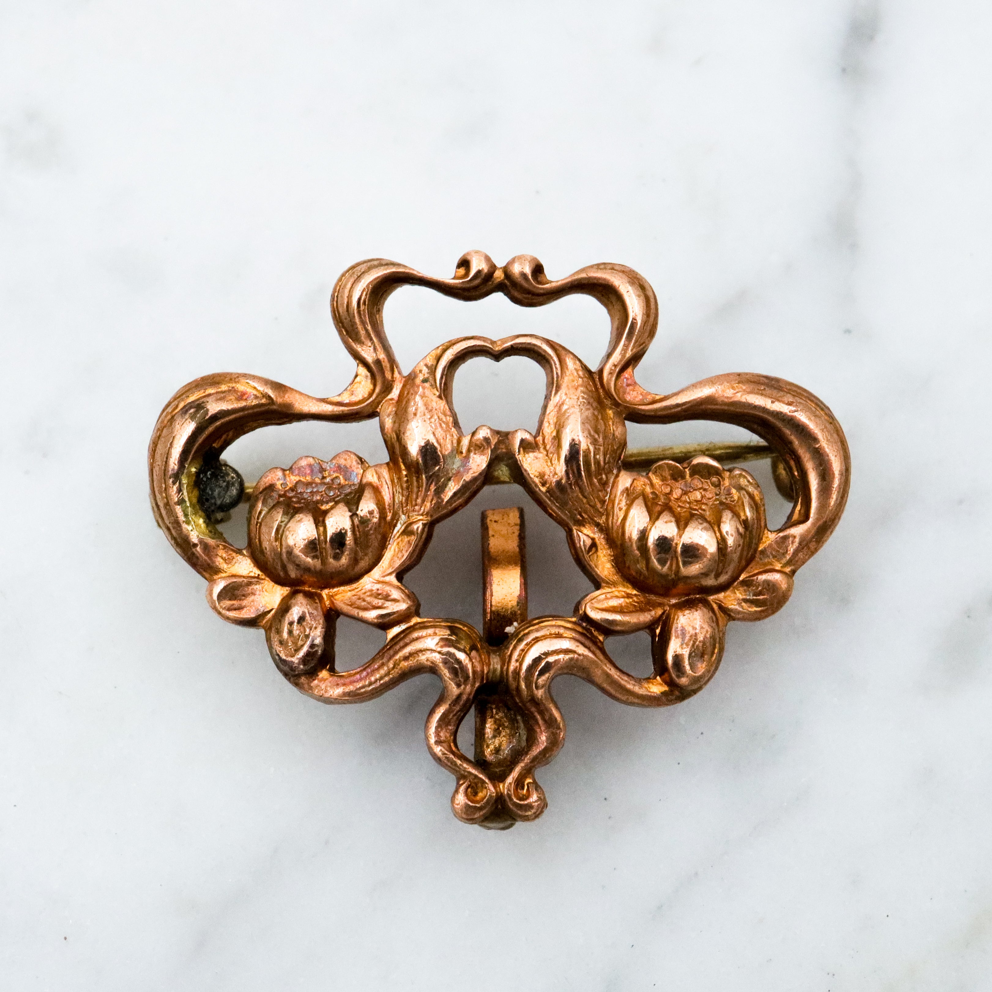Antique Art Nouveau brass lotus flower watch clip brooch