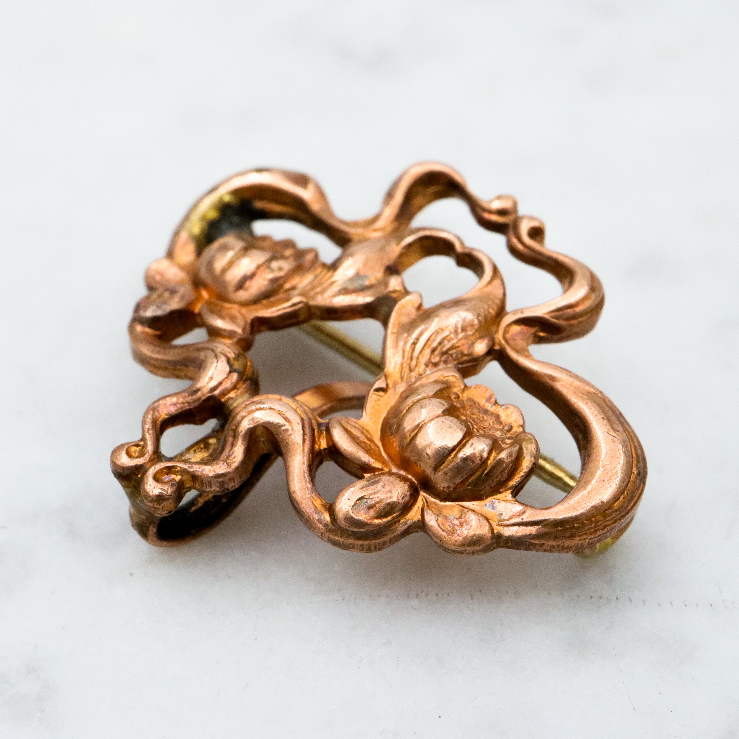Antique Art Nouveau brass lotus flower watch clip brooch