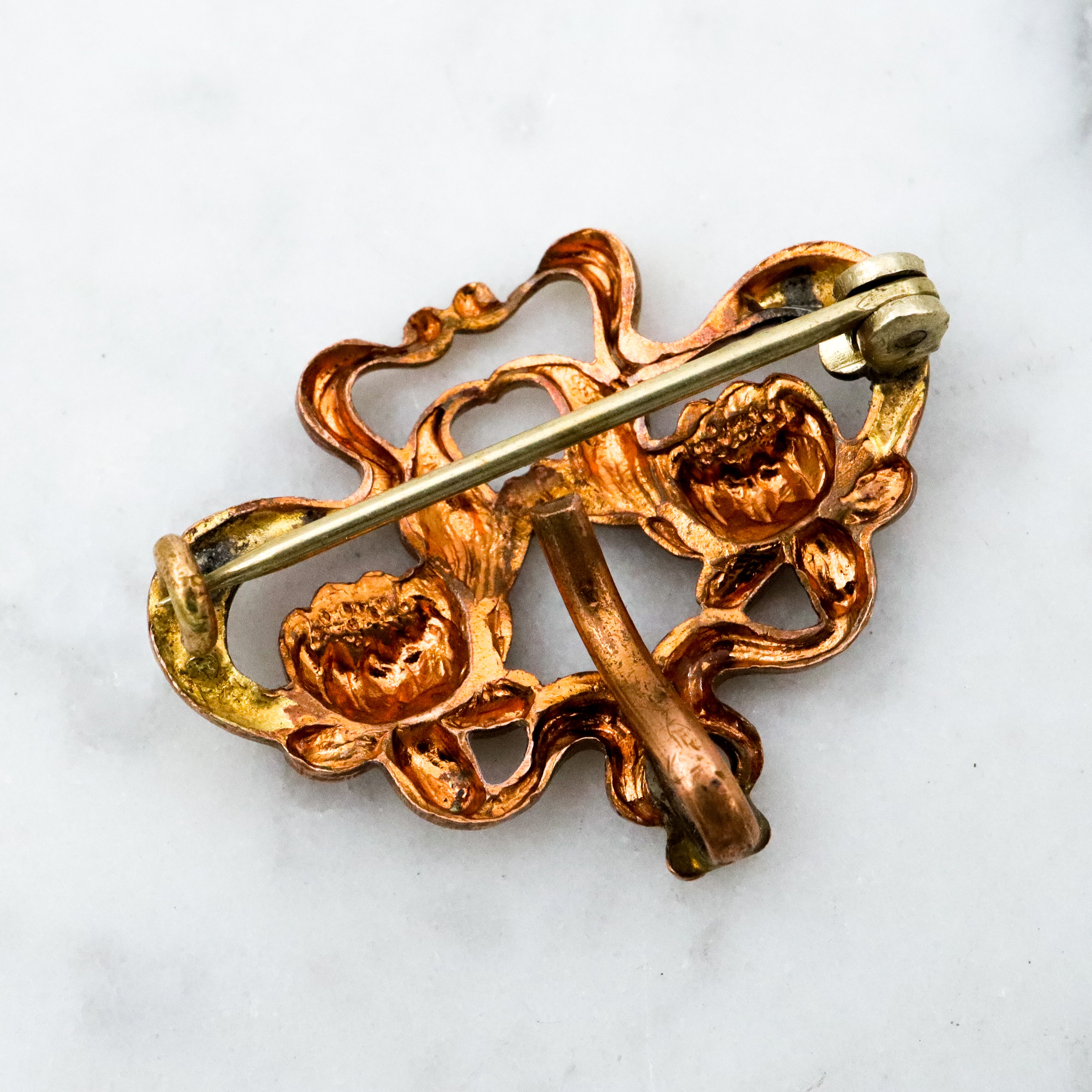 Antique Art Nouveau brass lotus flower watch clip brooch