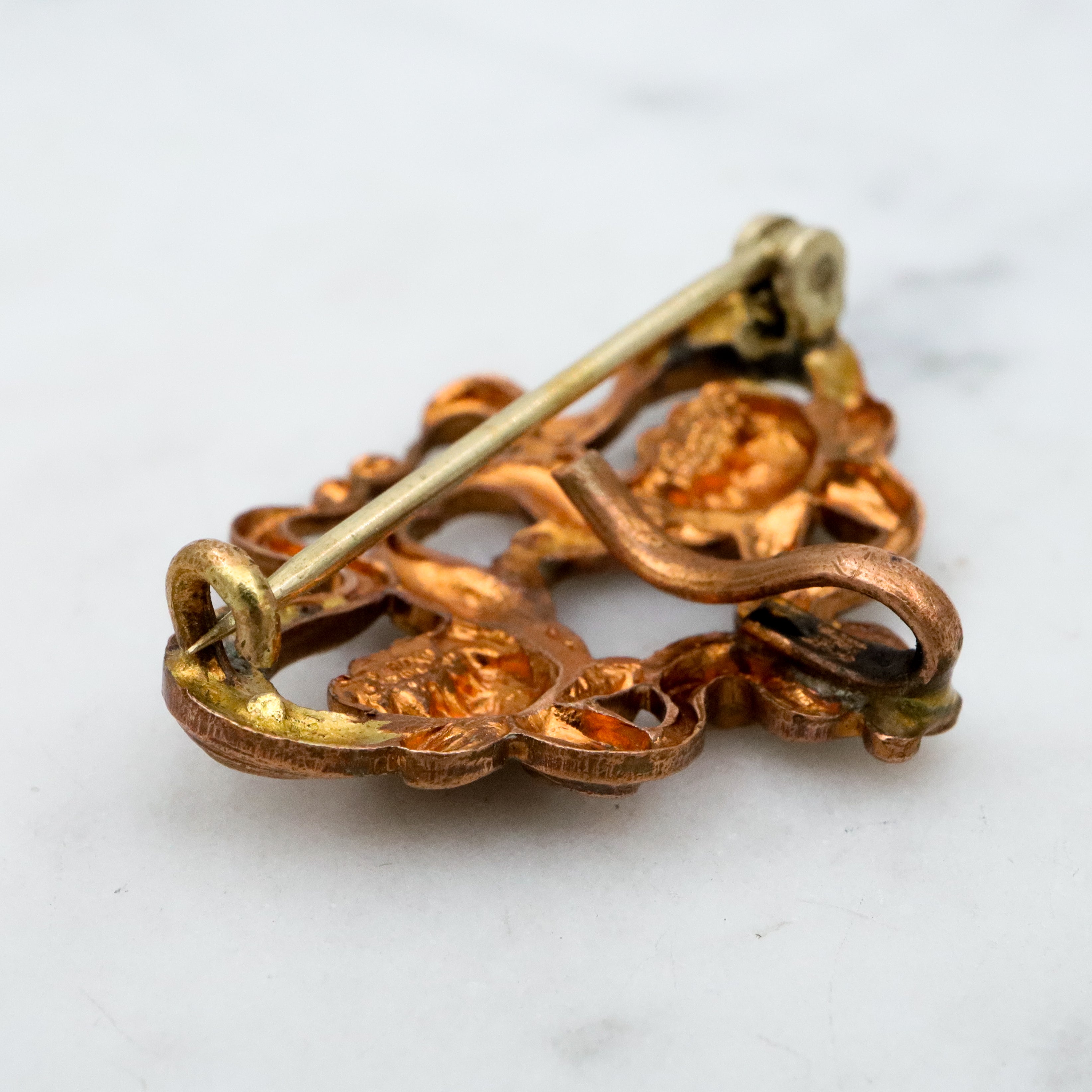 Antique Art Nouveau brass lotus flower watch clip brooch