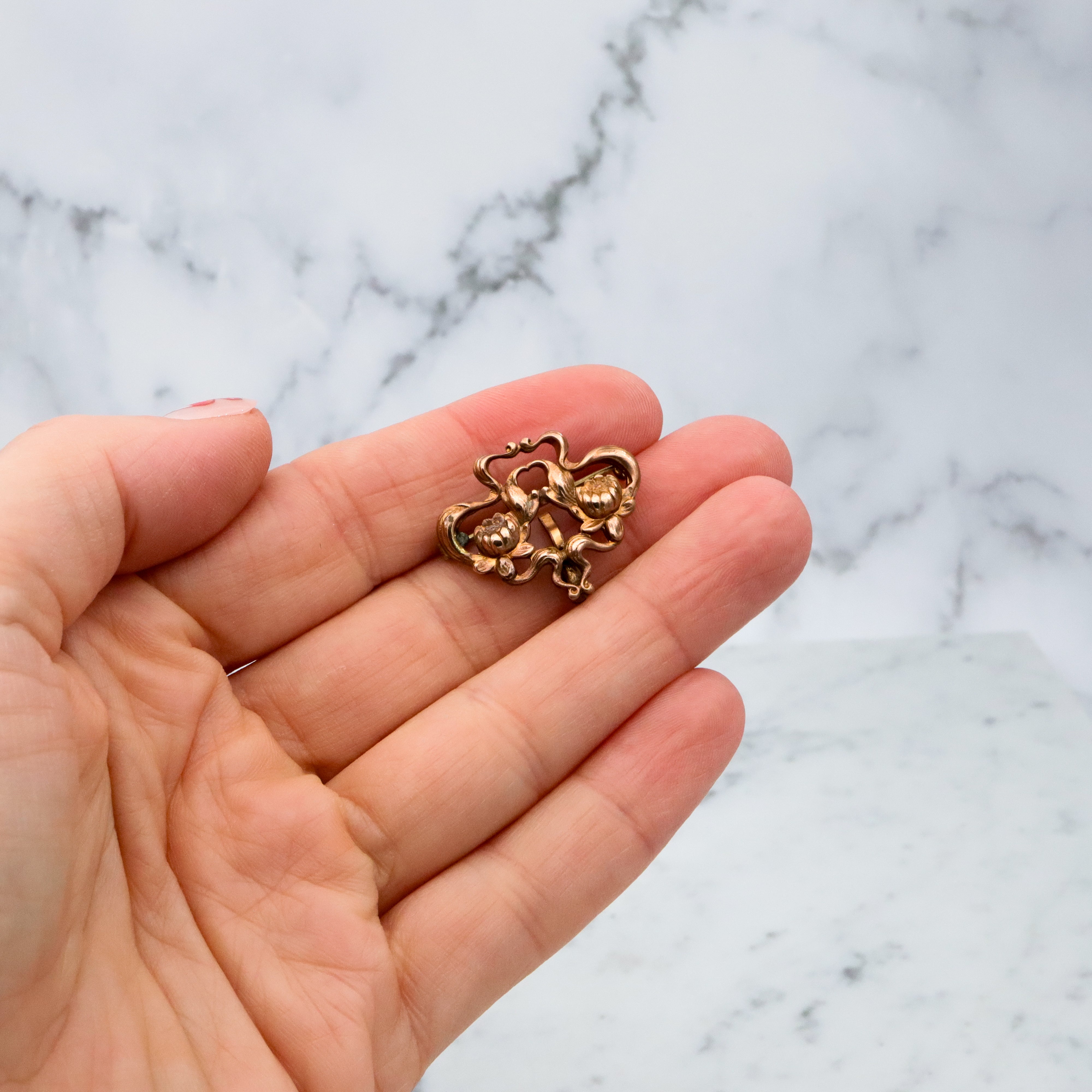Antique Art Nouveau brass lotus flower watch clip brooch