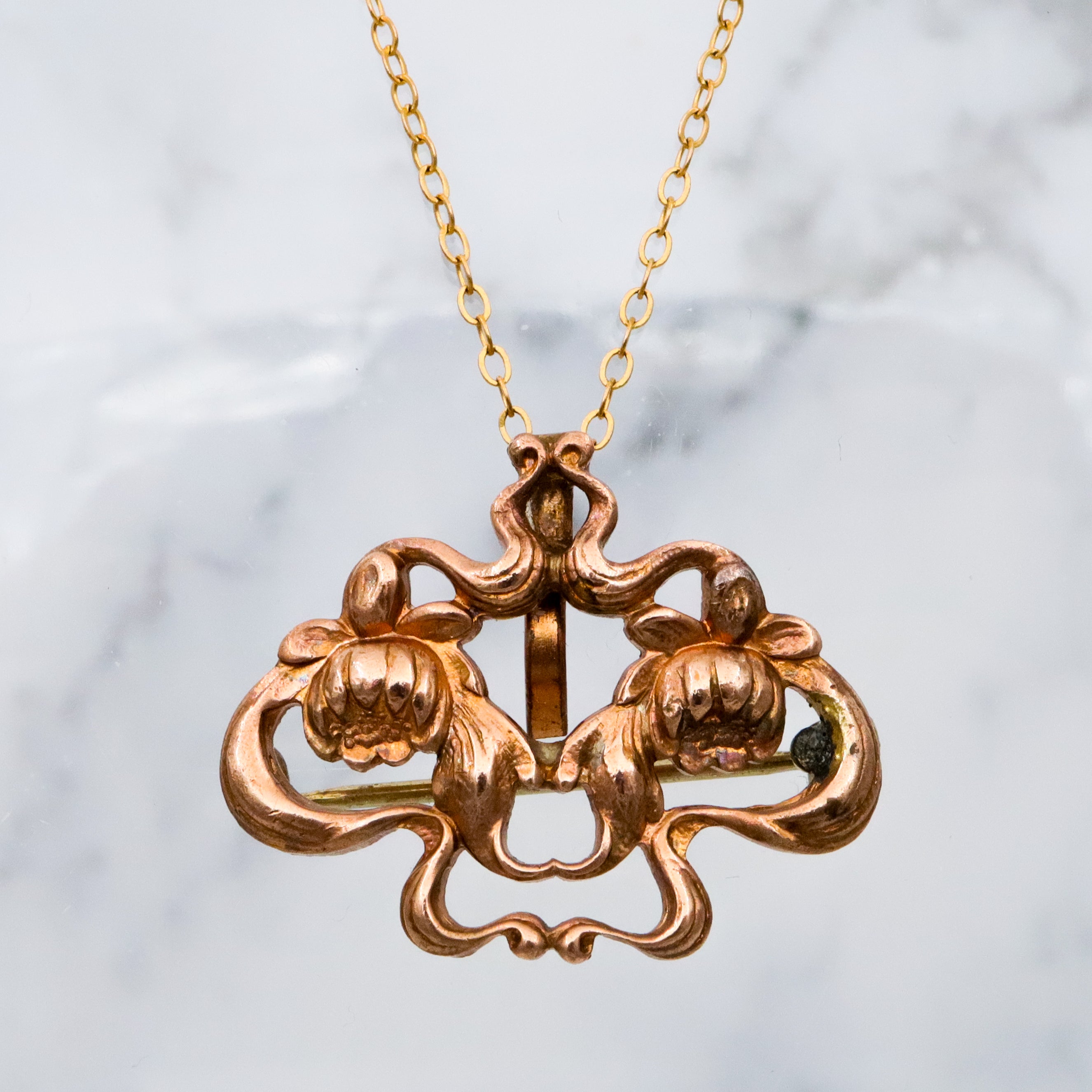 Antique Art Nouveau brass lotus flower watch clip brooch