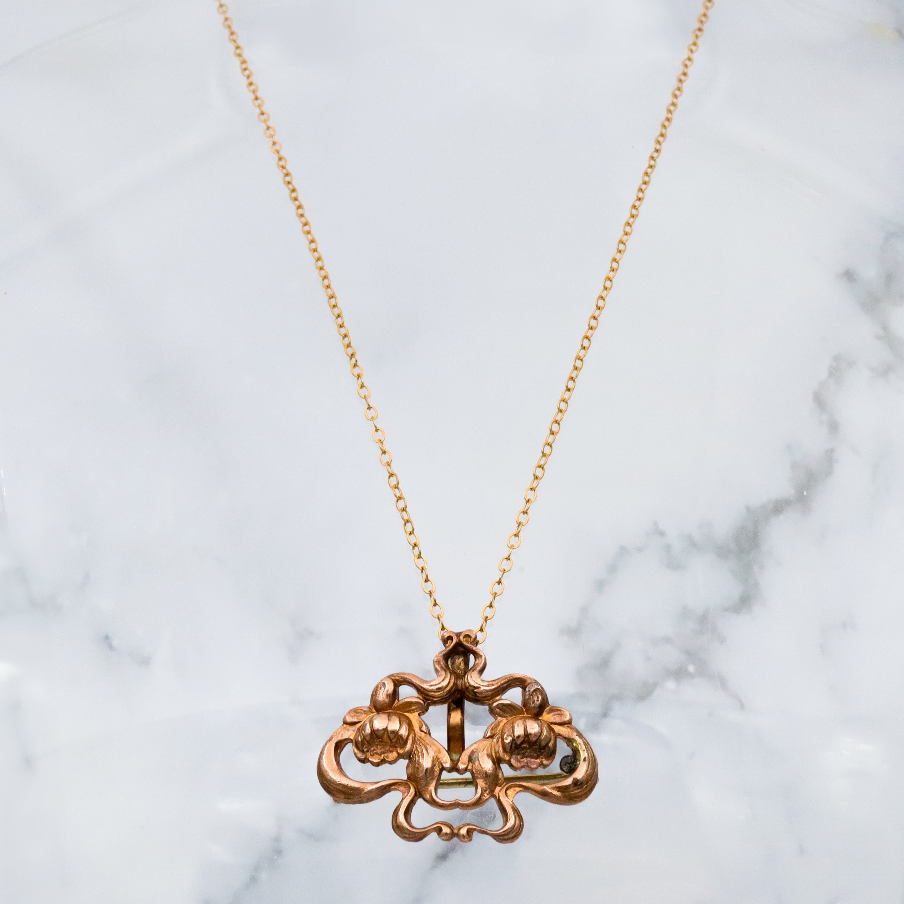 Antique Art Nouveau brass lotus flower watch clip brooch