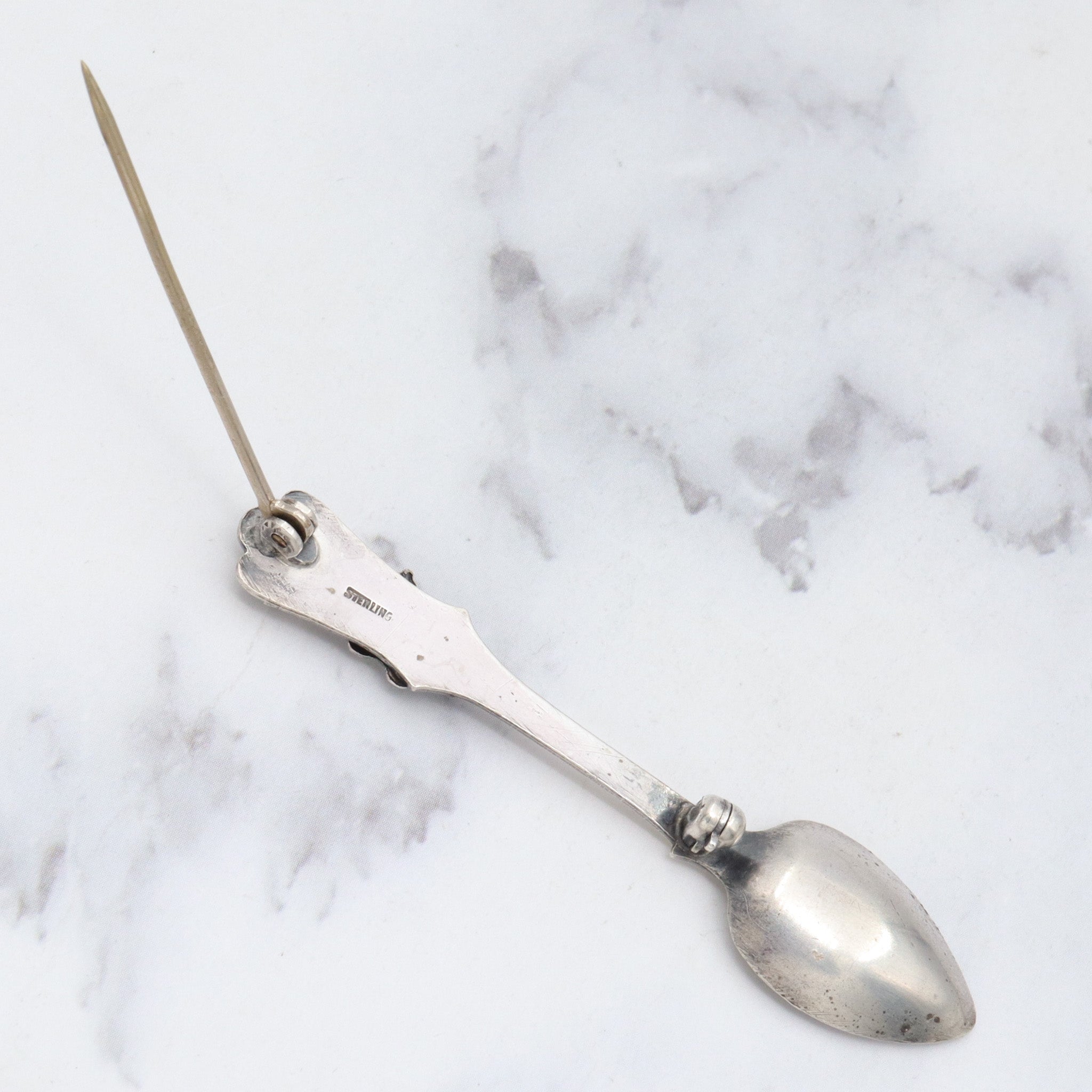 Antique sterling salt spoon brooch with figural lizard