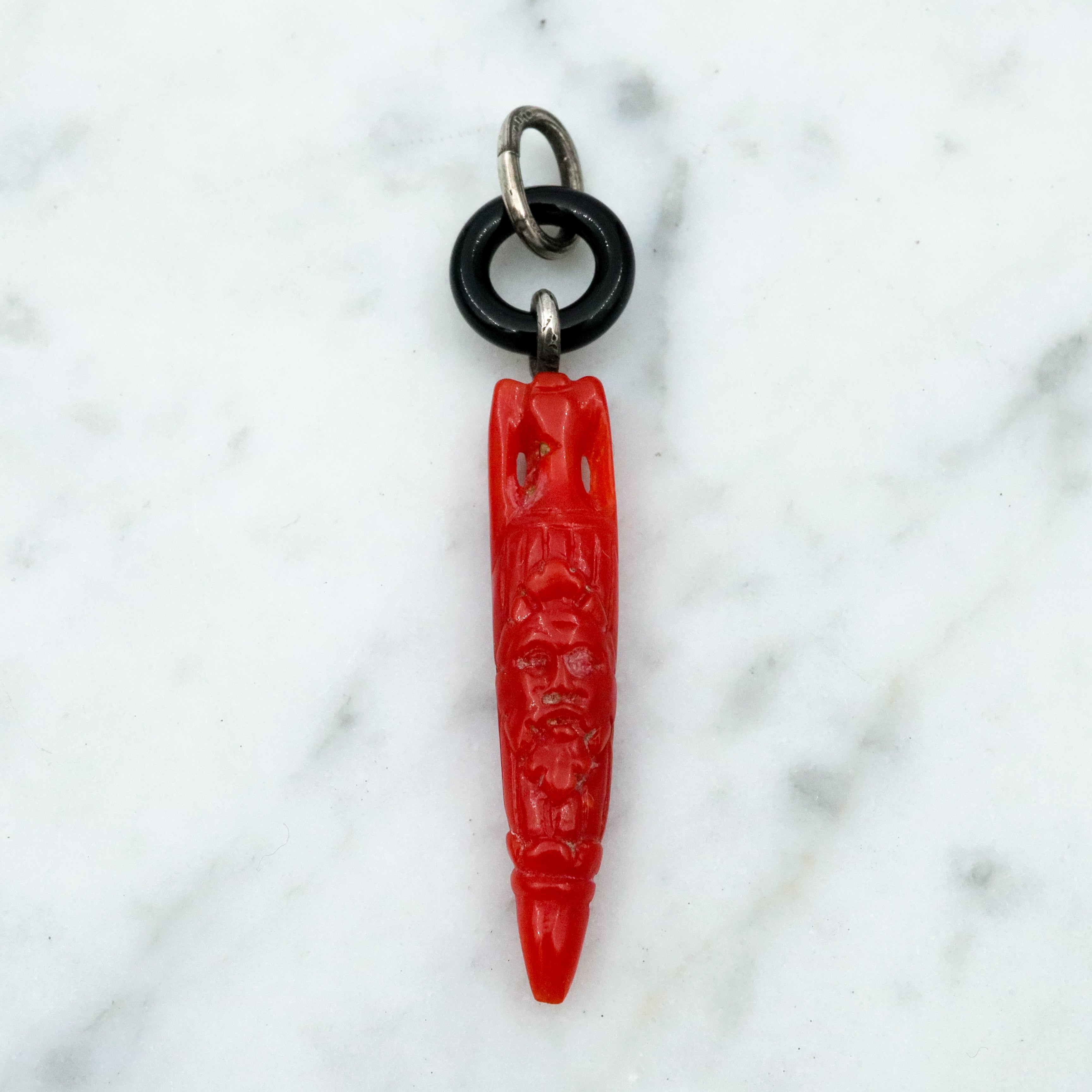 Antique Victorian carved coral amphora urn & onyx loop pendant