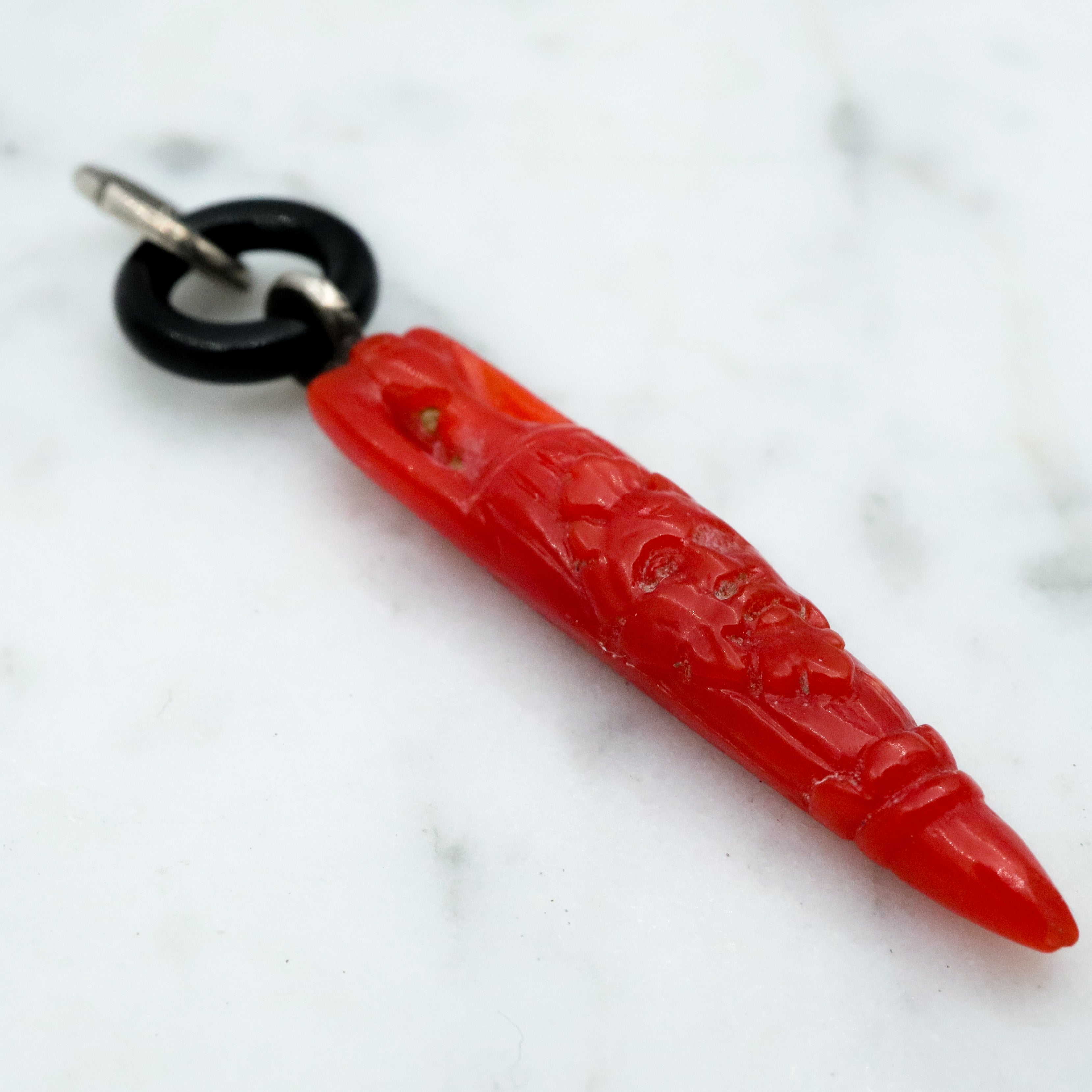 Antique Victorian carved coral amphora urn & onyx loop pendant