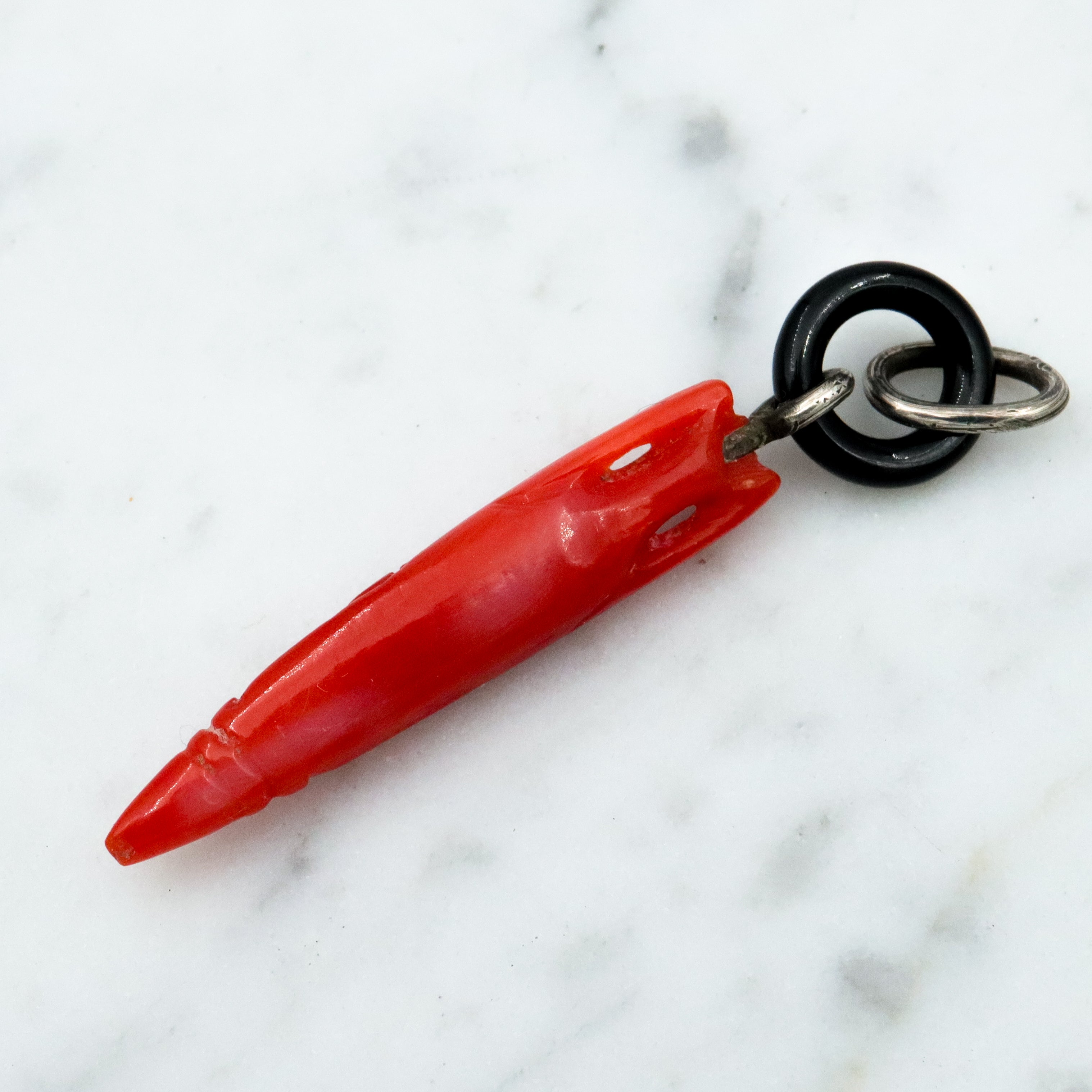 Antique Victorian carved coral amphora urn & onyx loop pendant