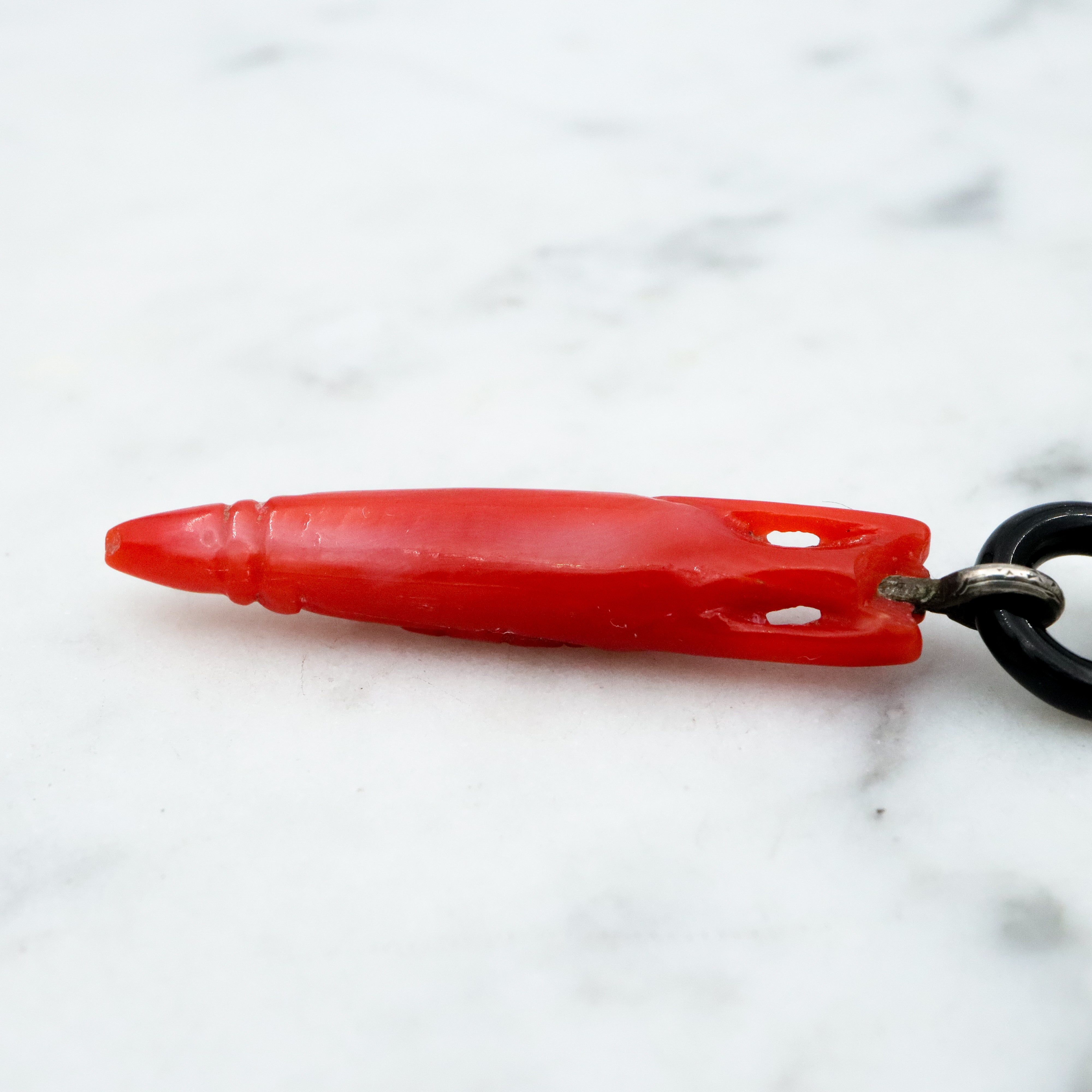 Antique Victorian carved coral amphora urn & onyx loop pendant