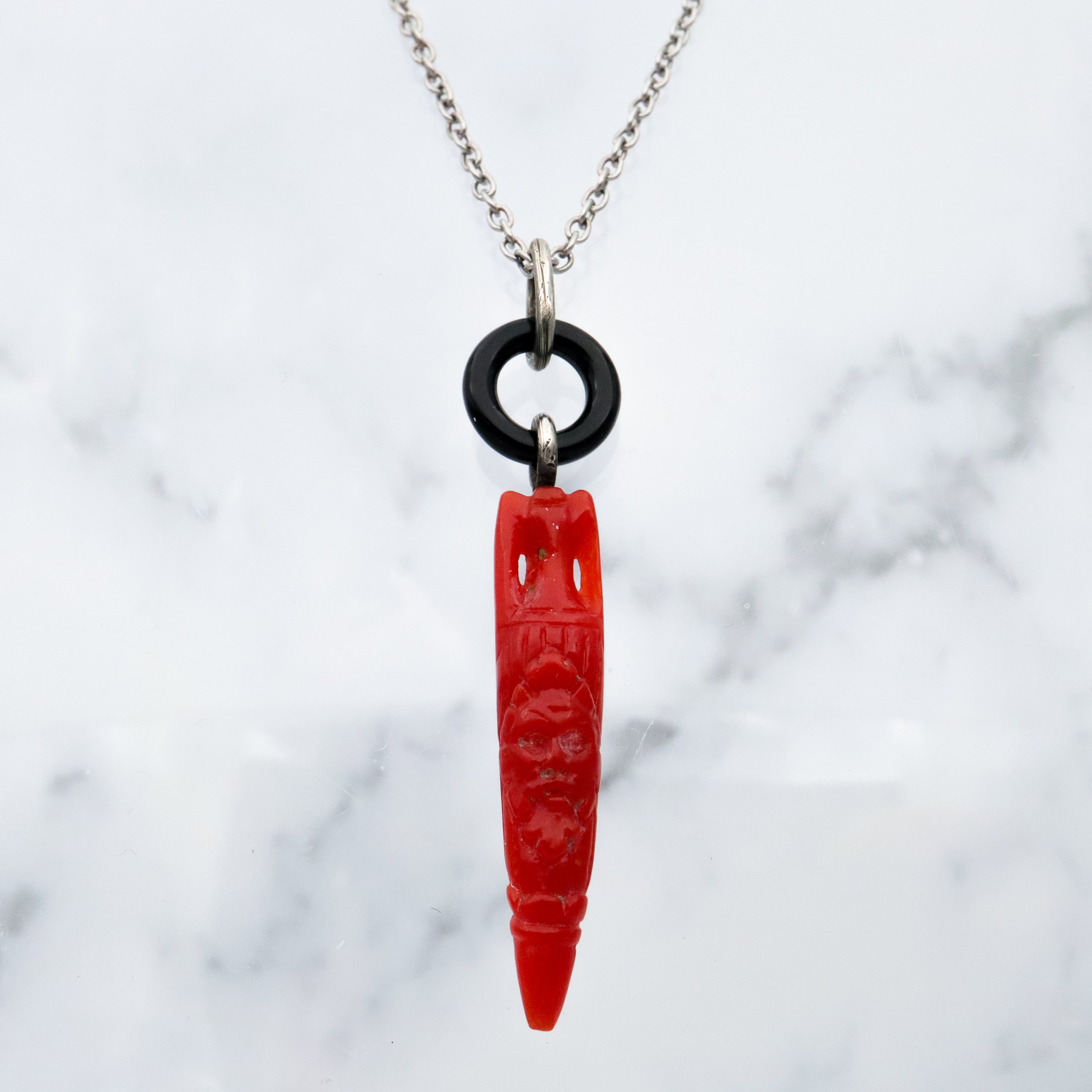 Antique Victorian carved coral amphora urn & onyx loop pendant