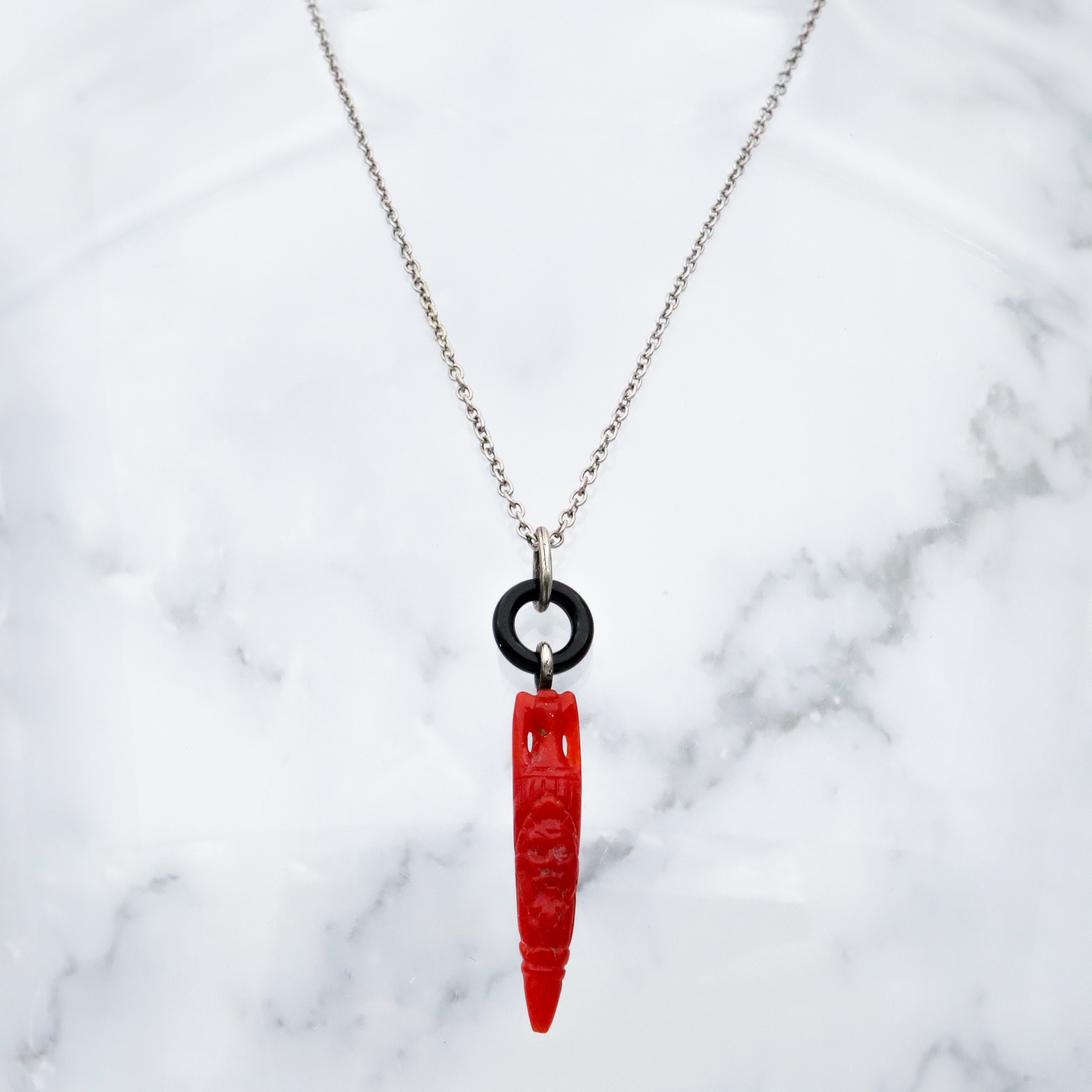 Antique Victorian carved coral amphora urn & onyx loop pendant