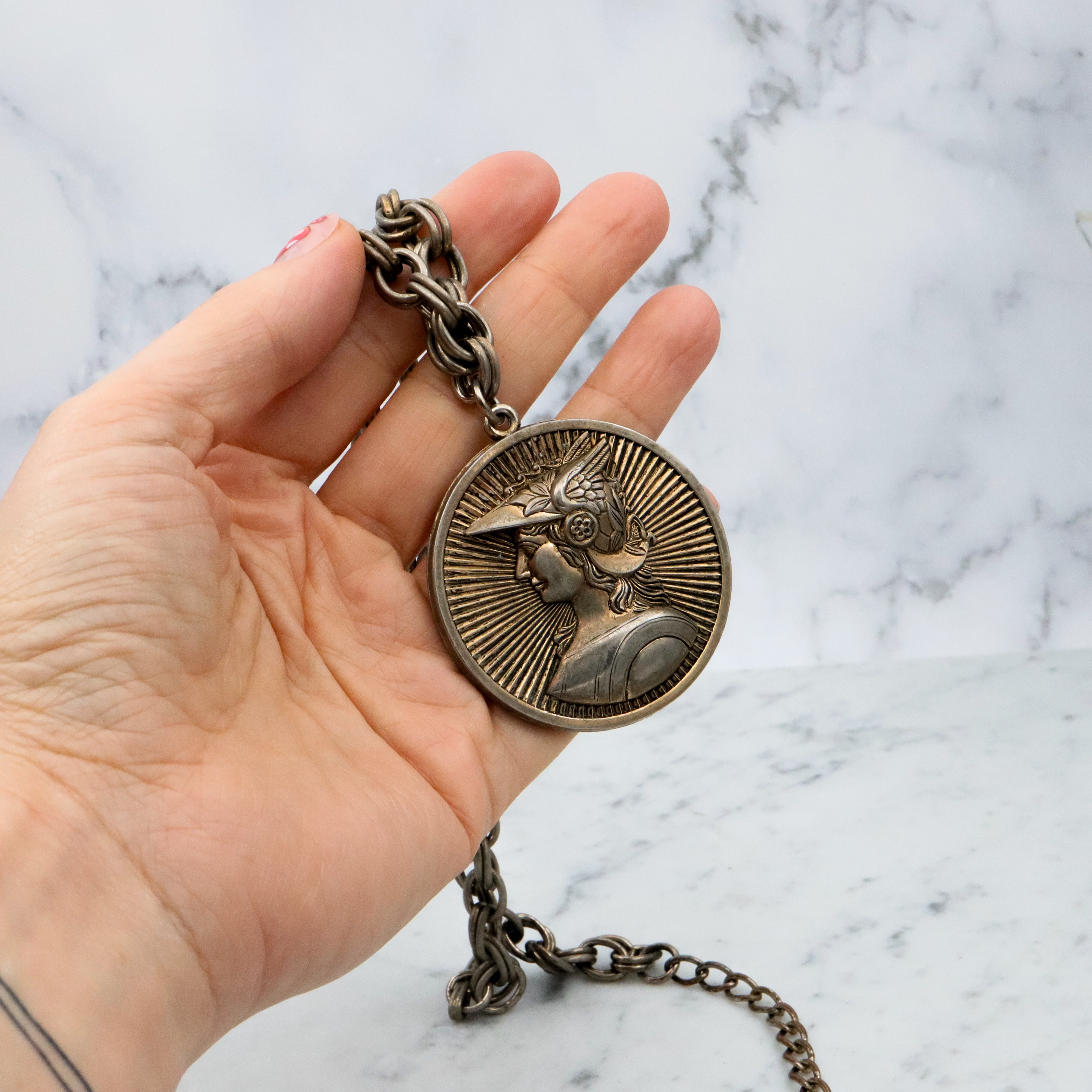 Vintage French Marianne medallion pendant necklace