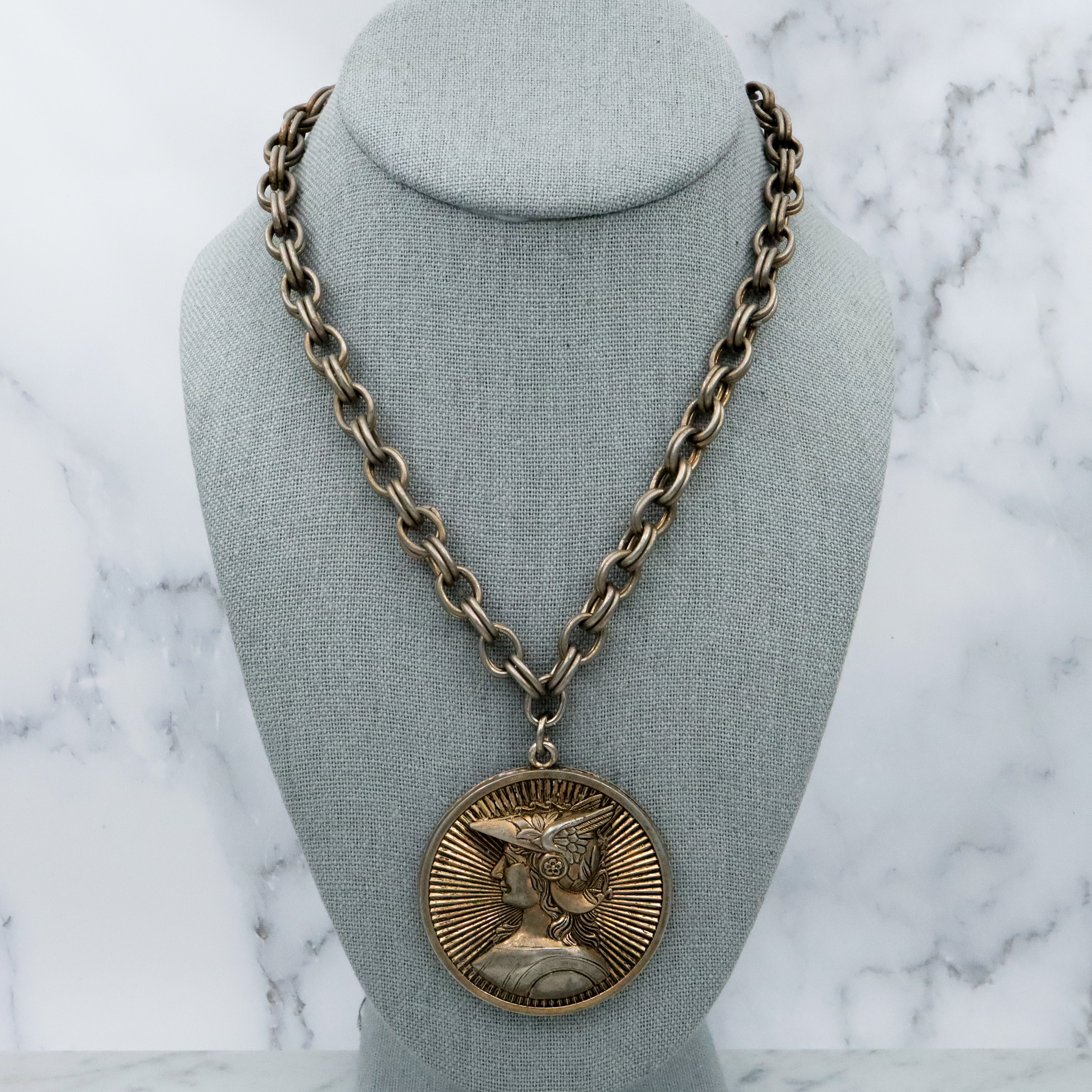 Vintage French Marianne medallion pendant necklace