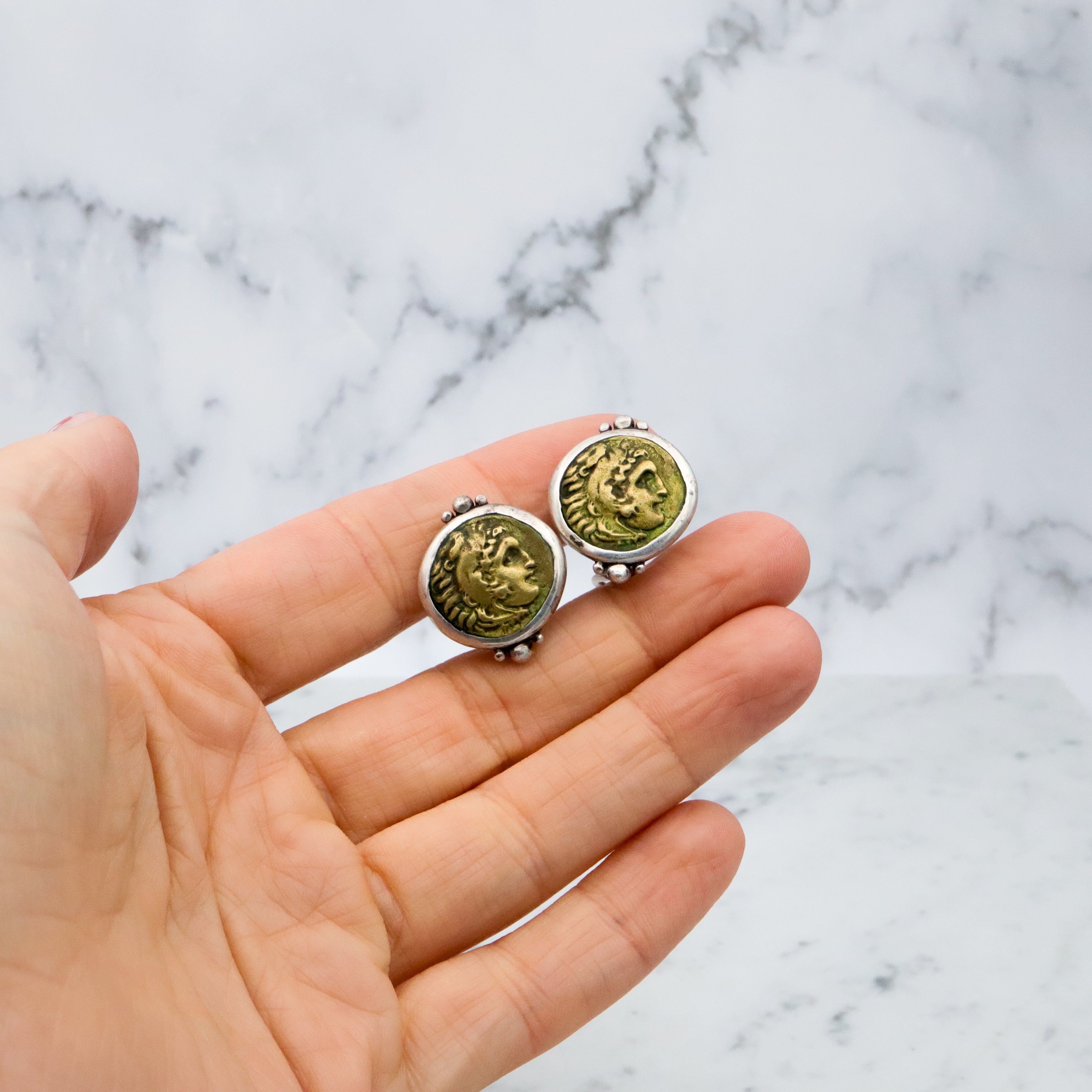 Retro Lazaro sterling Neoclassical Alexander the Great coin earrings