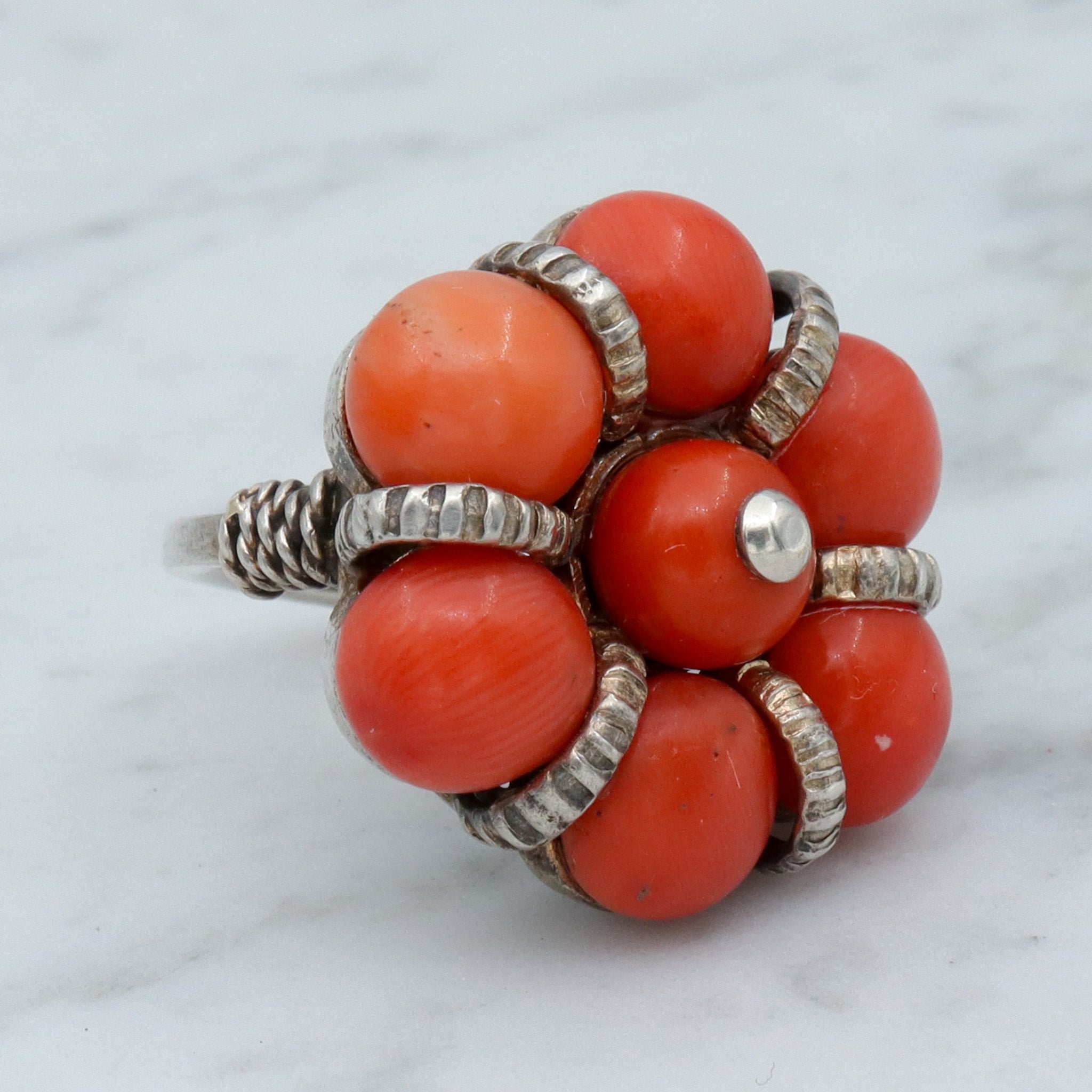 Antique Sterling Silver Coral Bead Tribal Flower Ring, sz 8.5